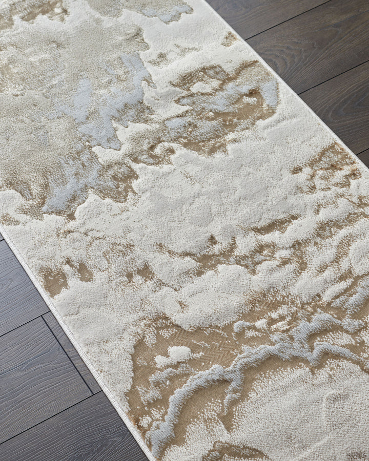 Close-up of a stylish rug with a contemporary design, laid on a sleek, dark wood floor, creating a modern and warm ambience.