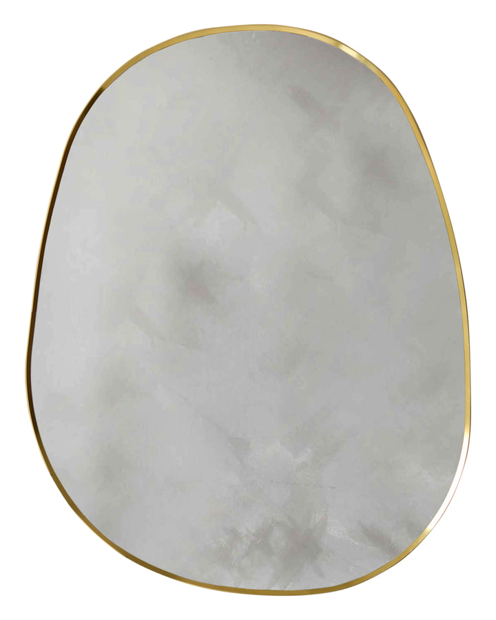 Gold-framed oval wall mirror with organic pebble shape and light reflective glass surface.