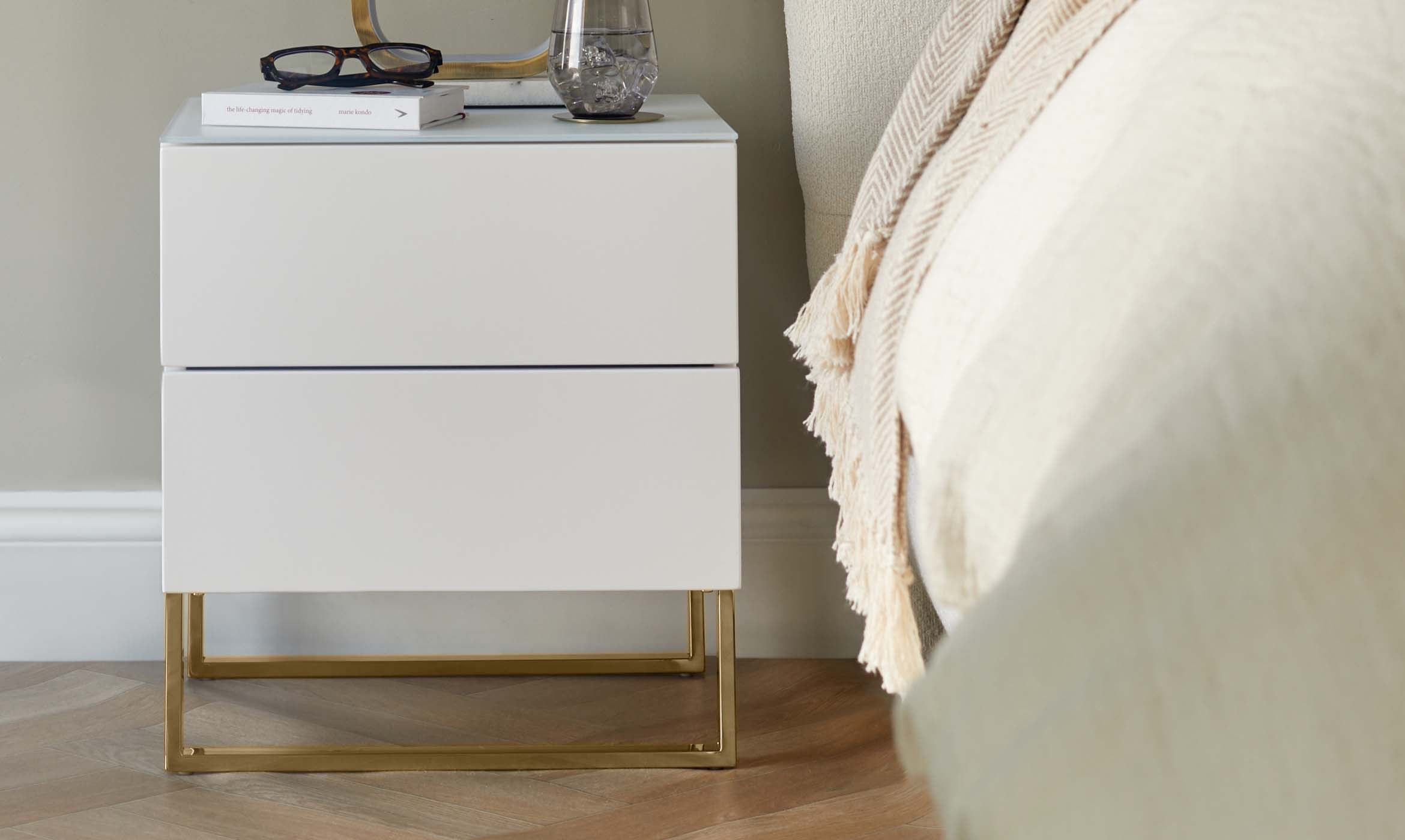 Benton White 2 Drawer Bedside Table With Brass Legs