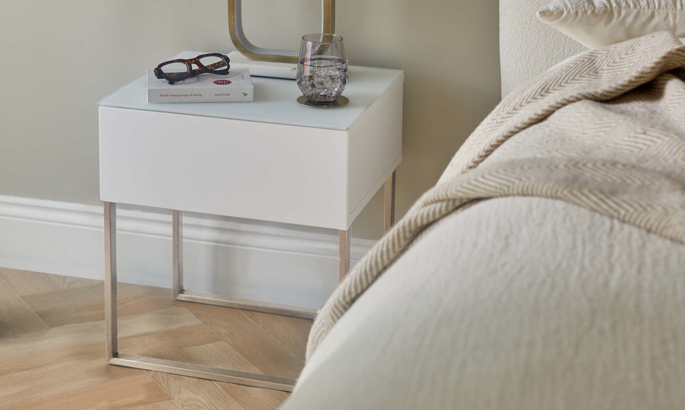 Benton Single Drawer White Bedside Table With Chrome Legs