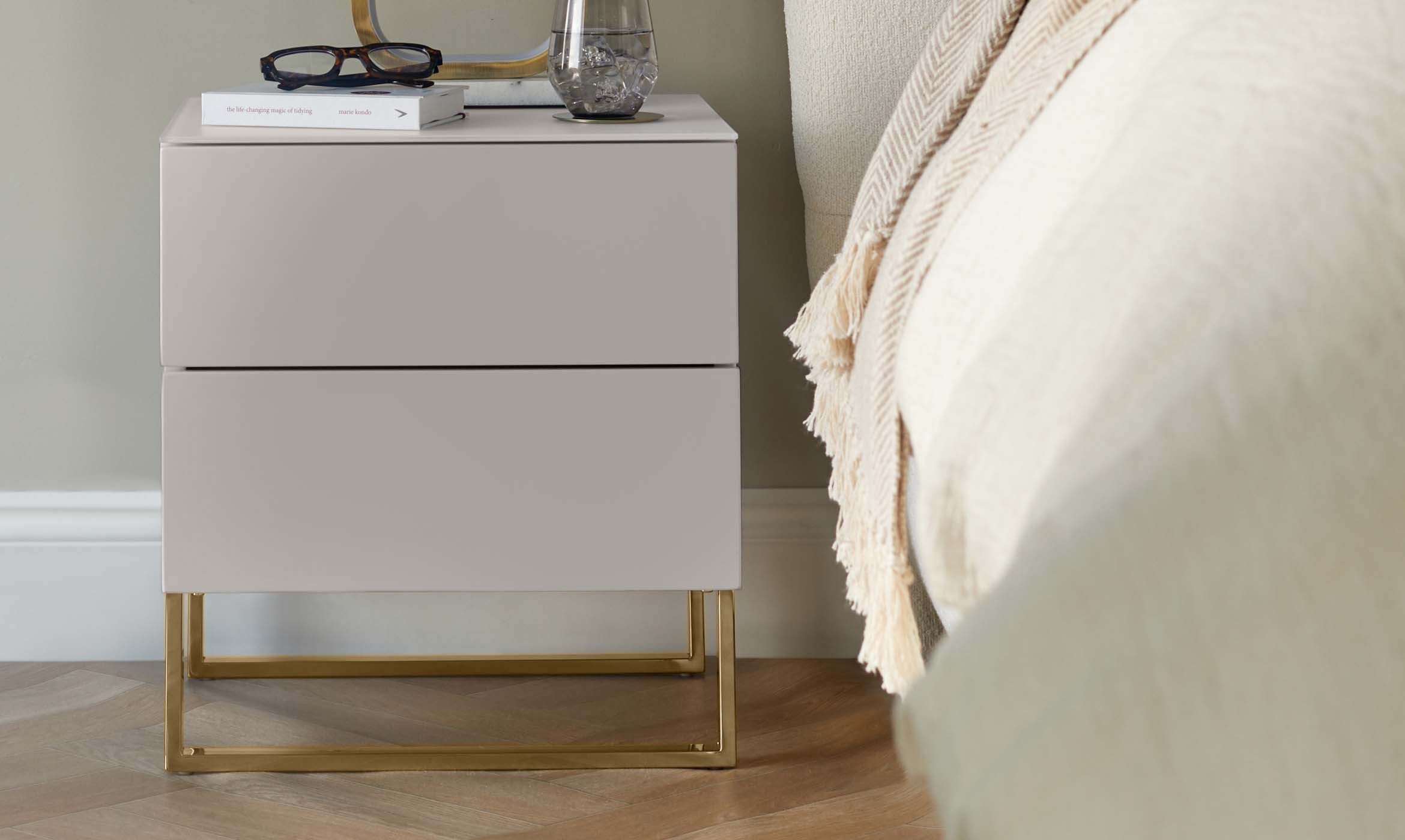 Benton Grey 2 Drawer Bedside Table with Brass Legs