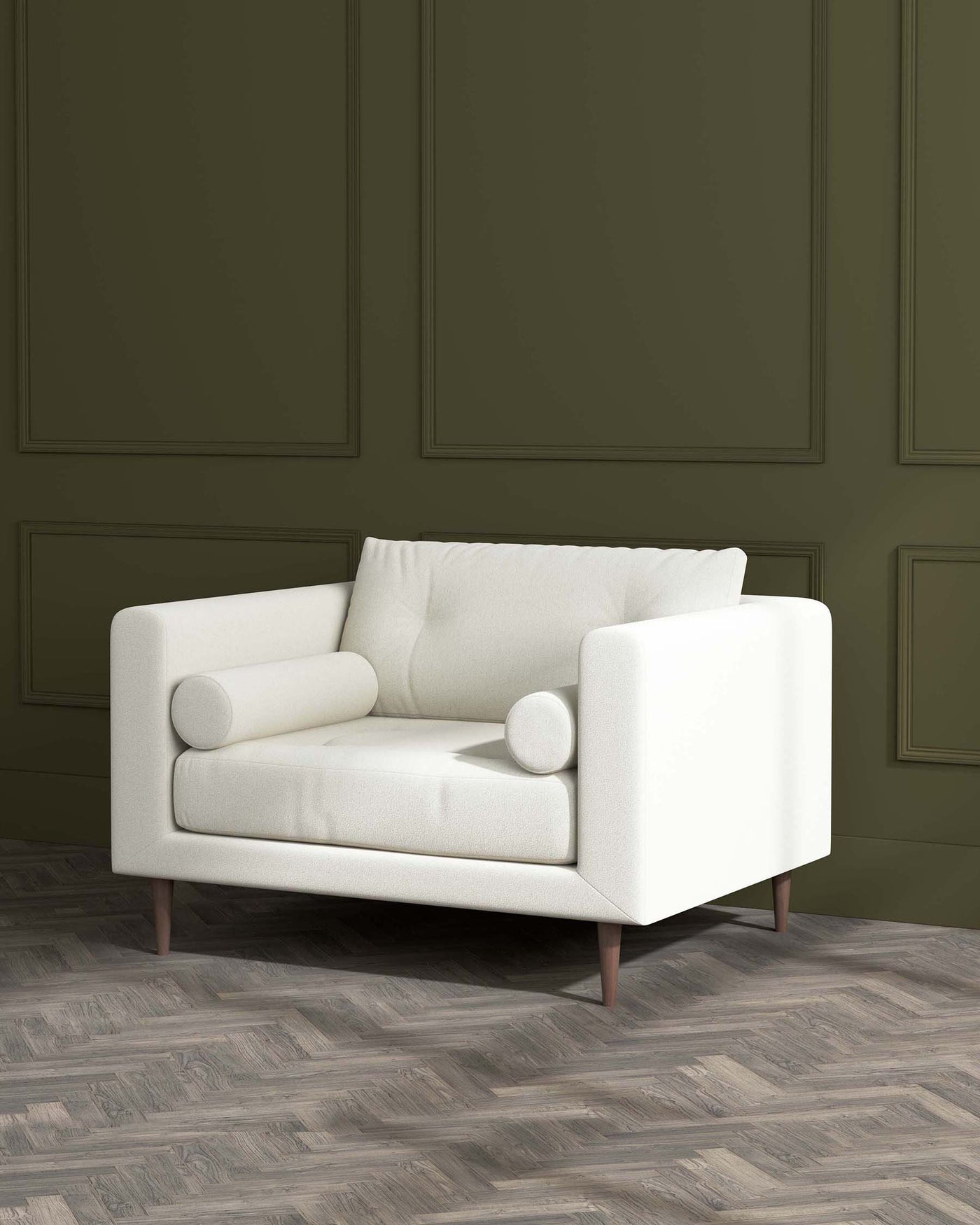 Modern off-white two-seater sofa with a minimalist design, featuring clean lines, cushioned back and seat, rounded armrests, and dark wooden tapered legs, set against a dark green panelled wall and herringbone parquet flooring.