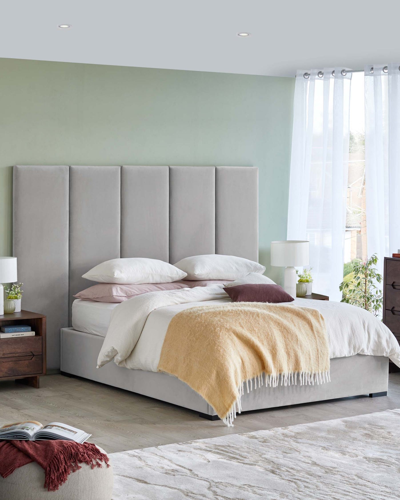 Penelope light grey recycled velvet king size ottoman bed with 5 panel headboard