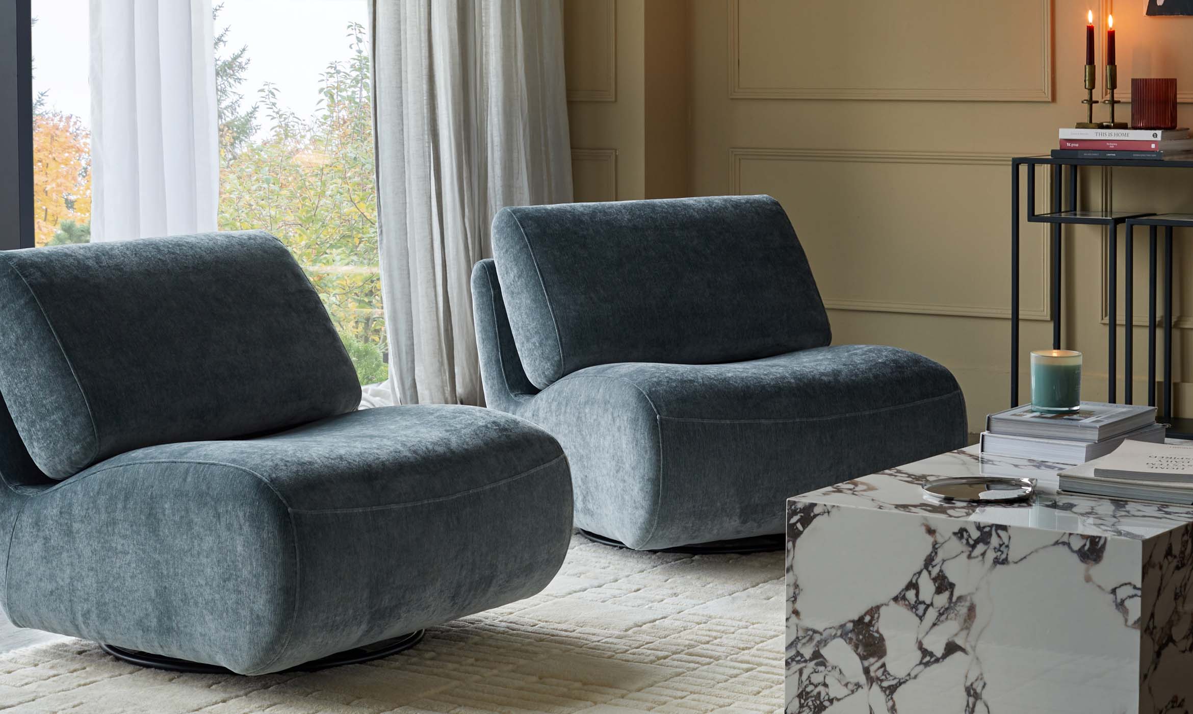 Frances blue grey fabric swivel accent chair