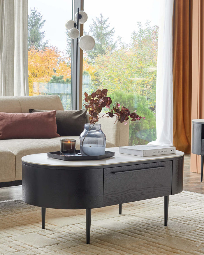 A stylish living room showcases a dark wood coffee table with storage drawer, complimented by a neutral sofa and autumn views.