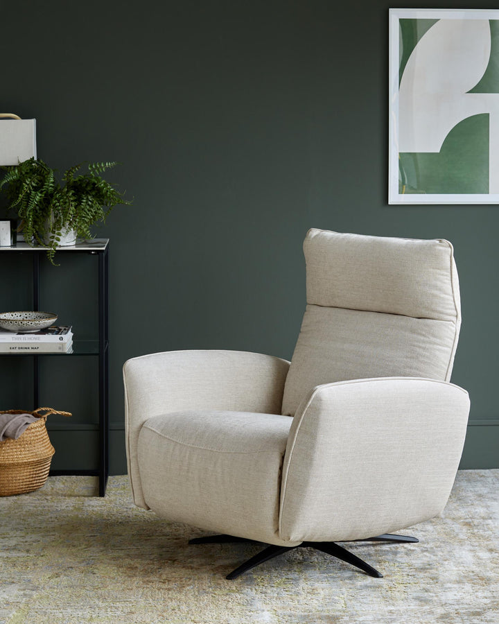 Stylish swivel armchair upholstered in a neutral linen, displayed with a metal shelving unit and modern artwork.
