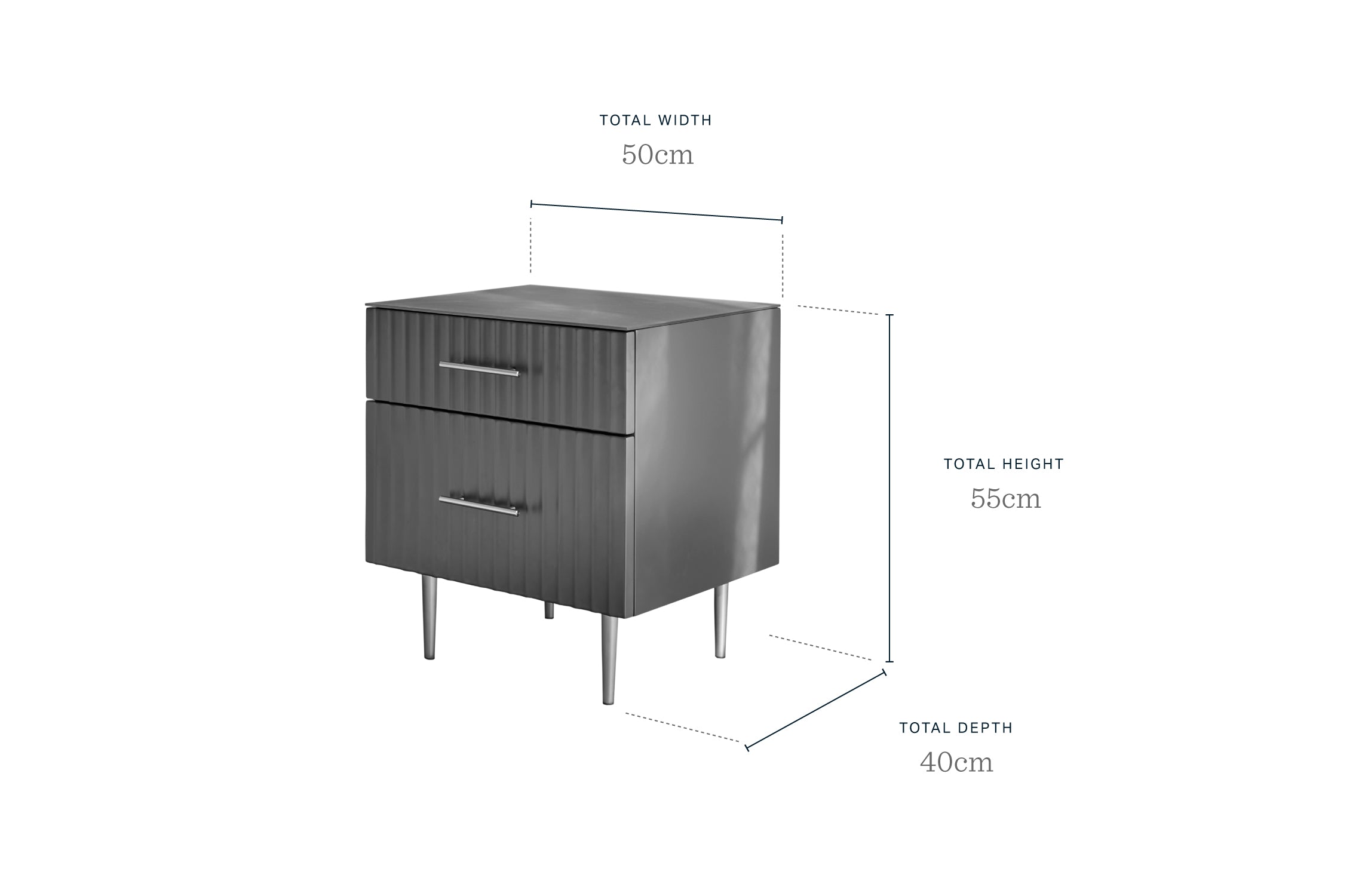 Grey bedside table with two drawers. Dimensions: 50cm wide, 40cm deep, 55cm high.