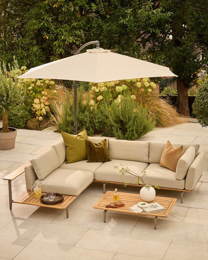 Alvaro natural garden left hand corner bench with coffee table set