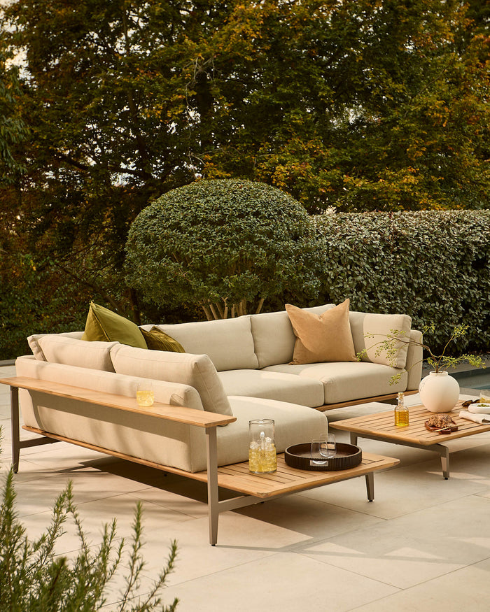 Alvaro natural garden left hand corner bench with coffee table set