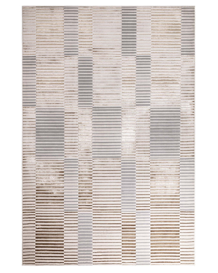 I'm sorry for any misunderstanding, but the image provided does not show any furniture. It appears to be a patterned rug with horizontal stripes in various shades of beige, cream, and grey. The rug texture seems to have a ribbed or grooved design, giving it a three-dimensional aspect, and its neutral tones suggest versatility for a range of interior styles.