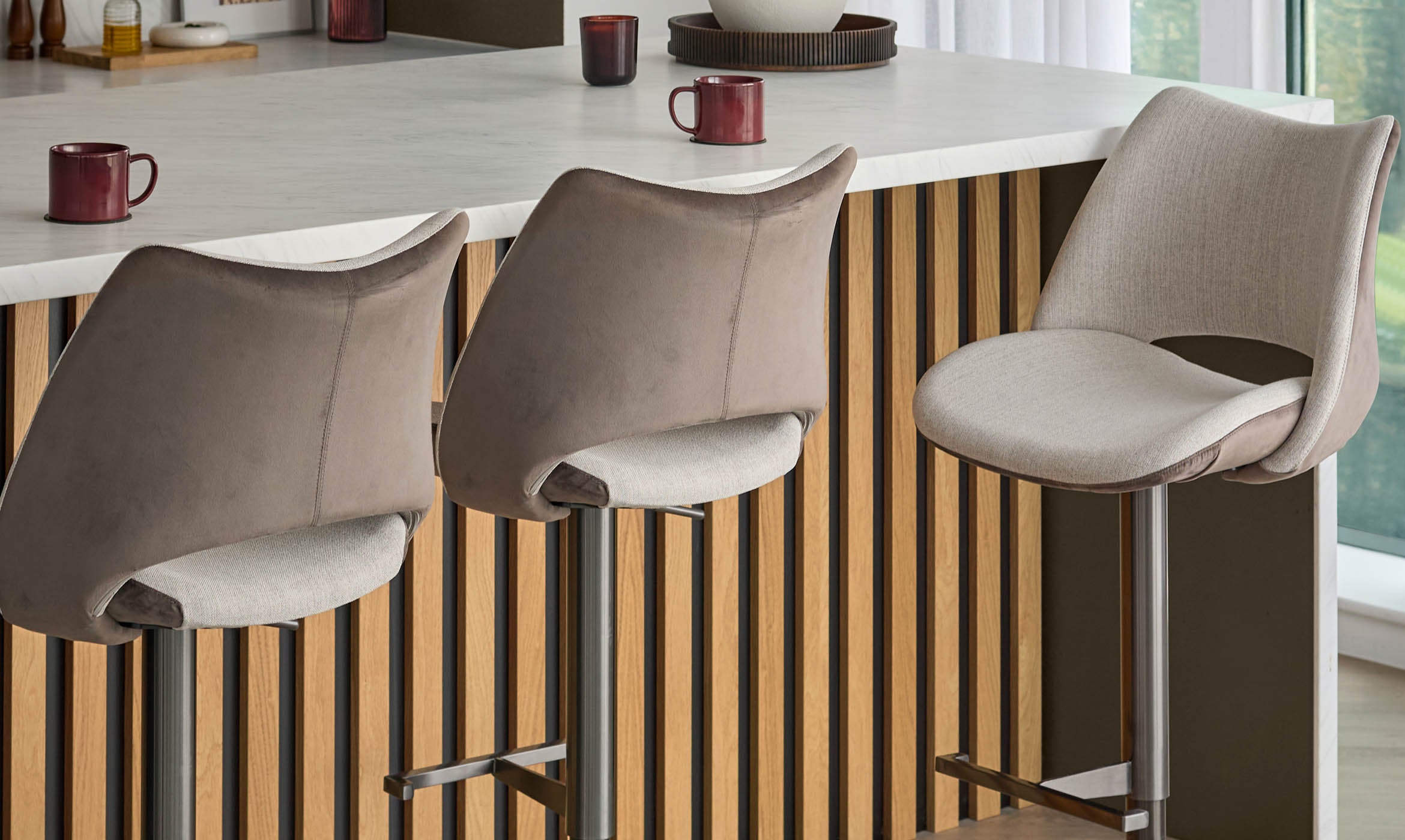 Bronwyn natural fabric and mocha velvet gas lift bar stool