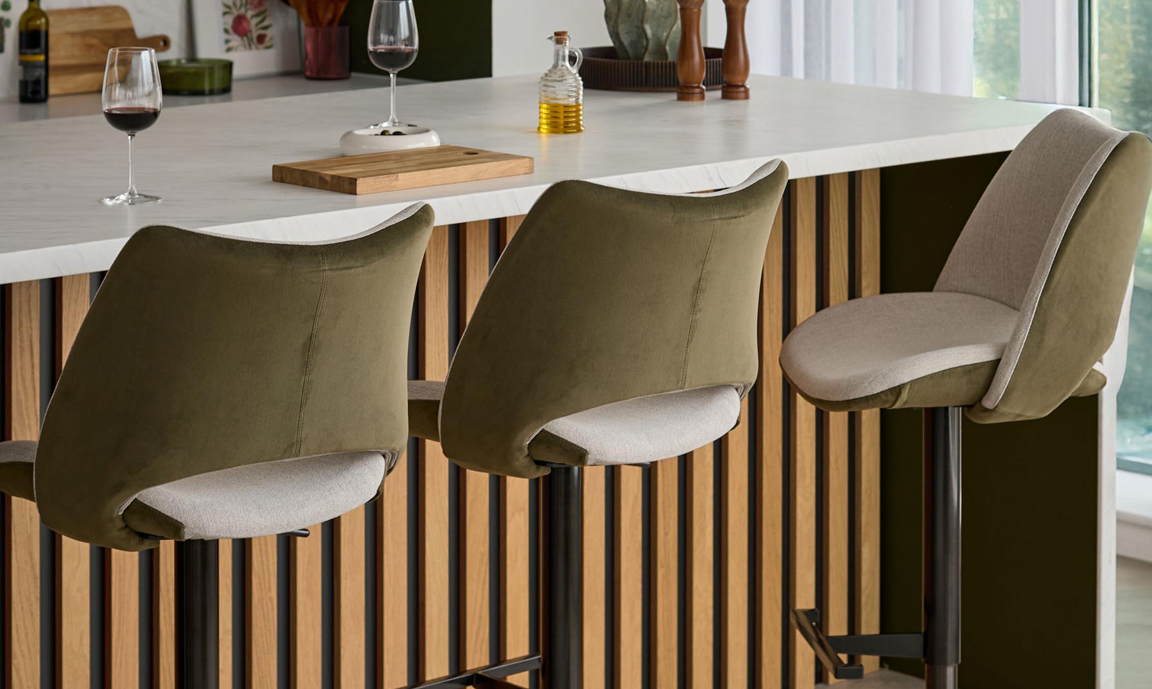 Bronwyn natural fabric and olive green velvet gas lift bar stool