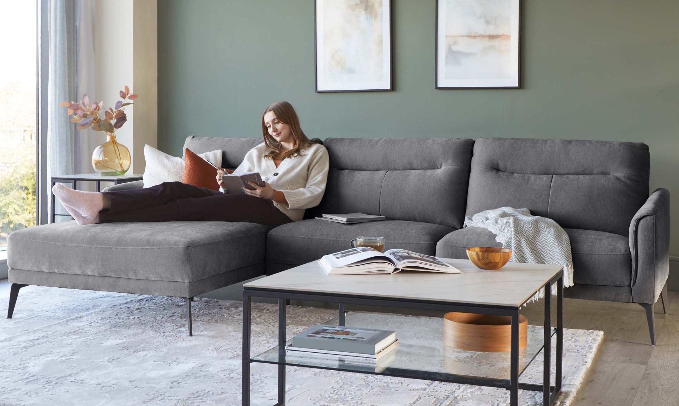 Brooks Dark Grey Fabric Left Hand Corner Chaise Sofa