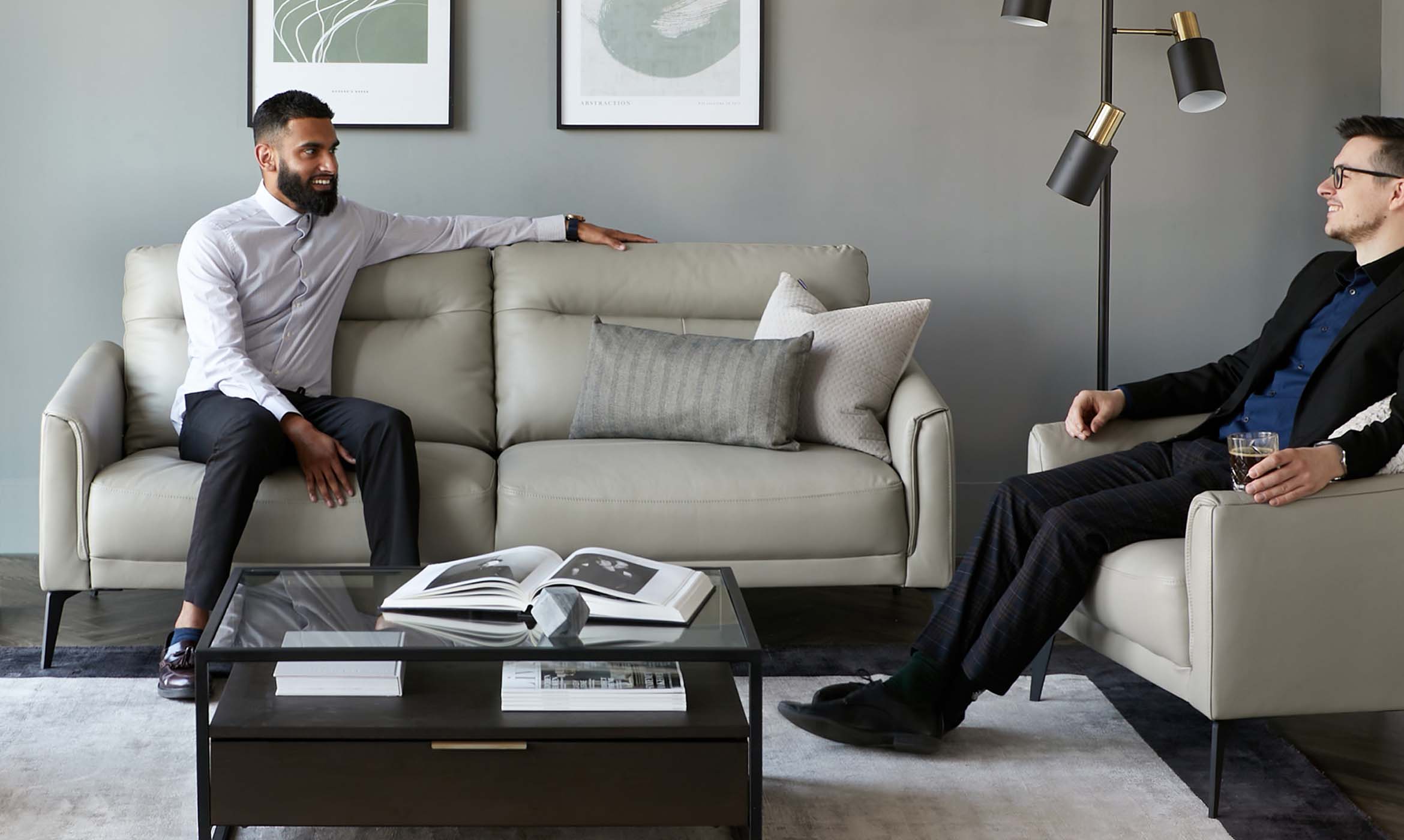 Brooks Light Grey Leather 3 Seater Sofa