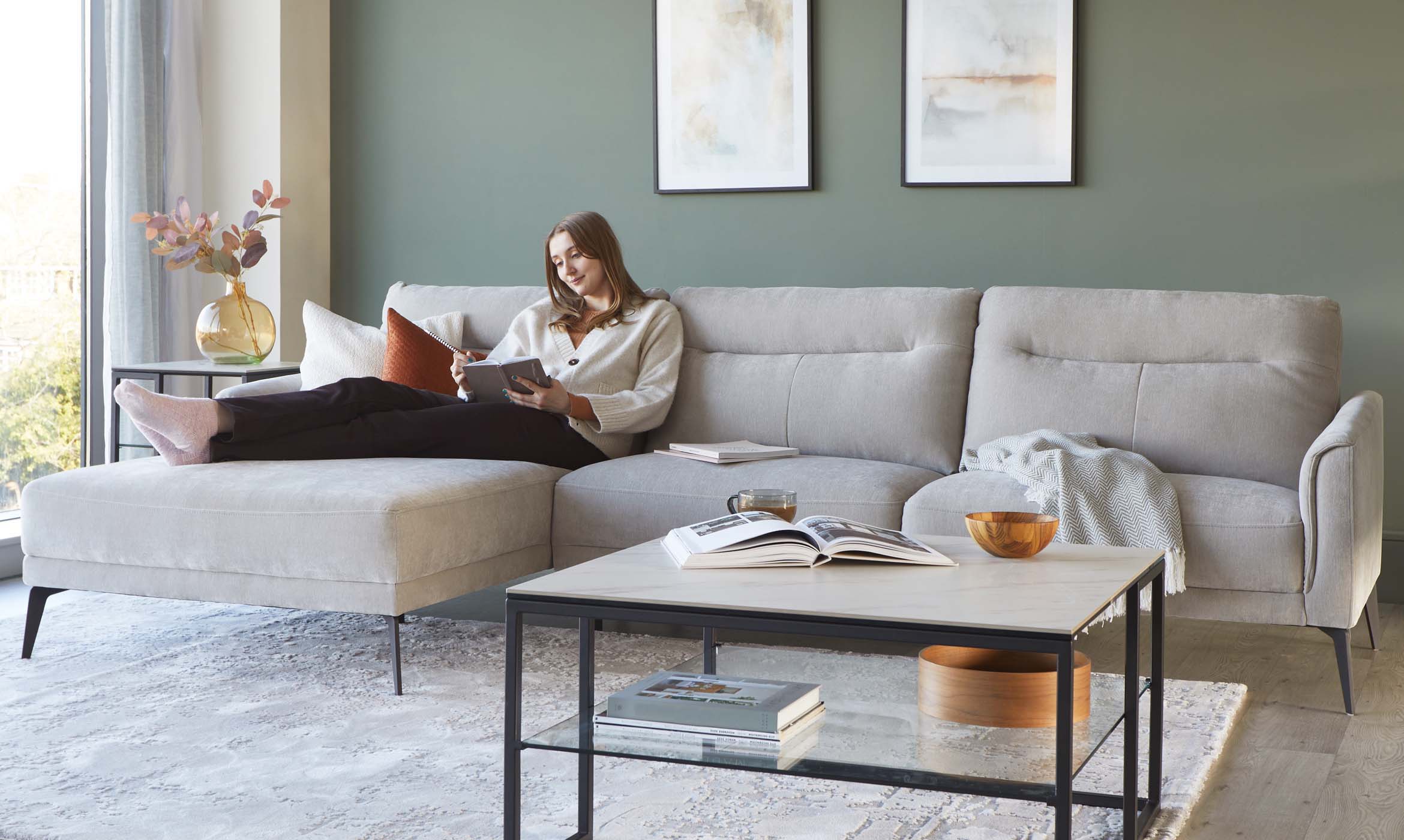 Brooks Light Grey Fabric Left Hand Corner Chaise Sofa