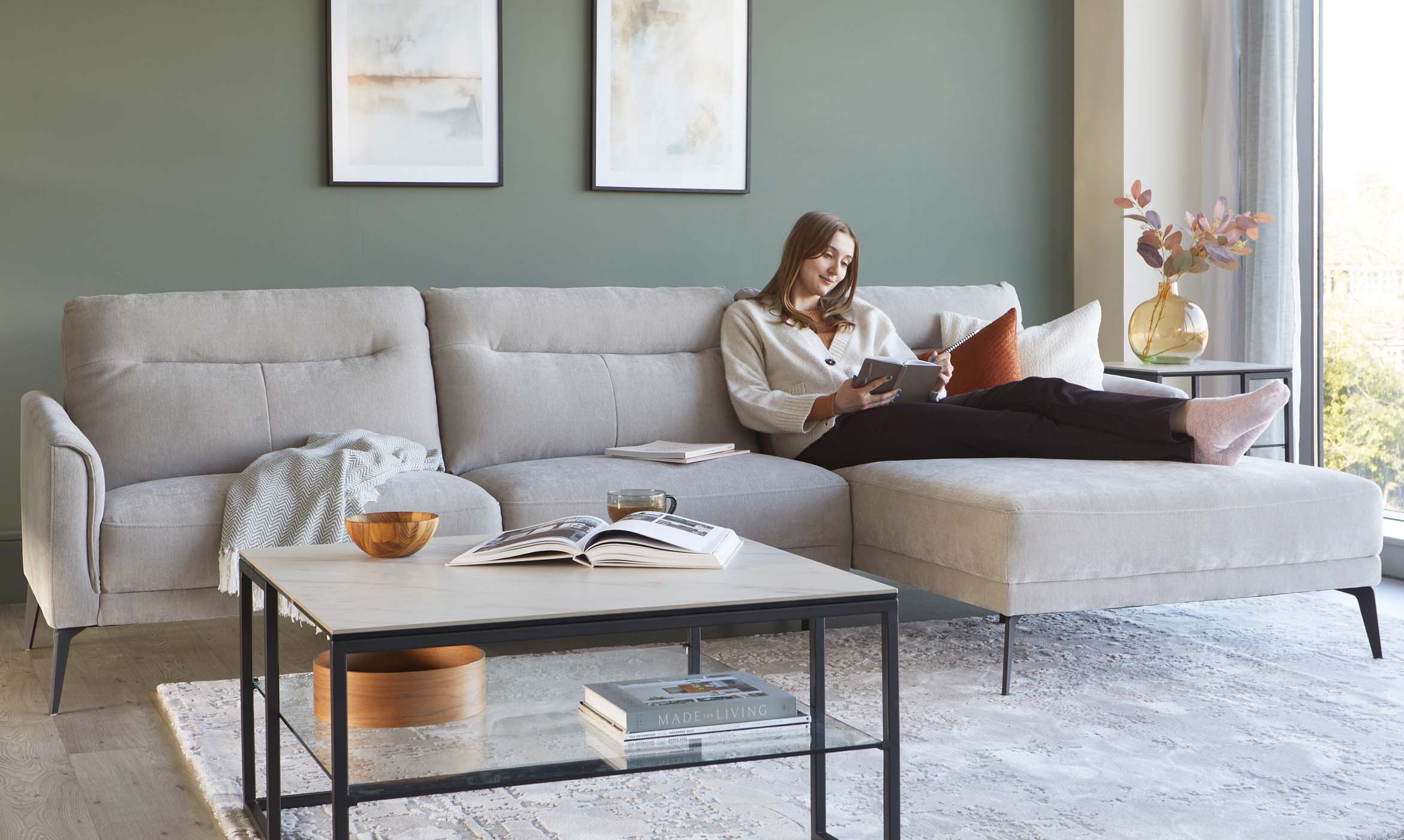 Brooks Light Grey Fabric Right Hand Corner Chaise Sofa