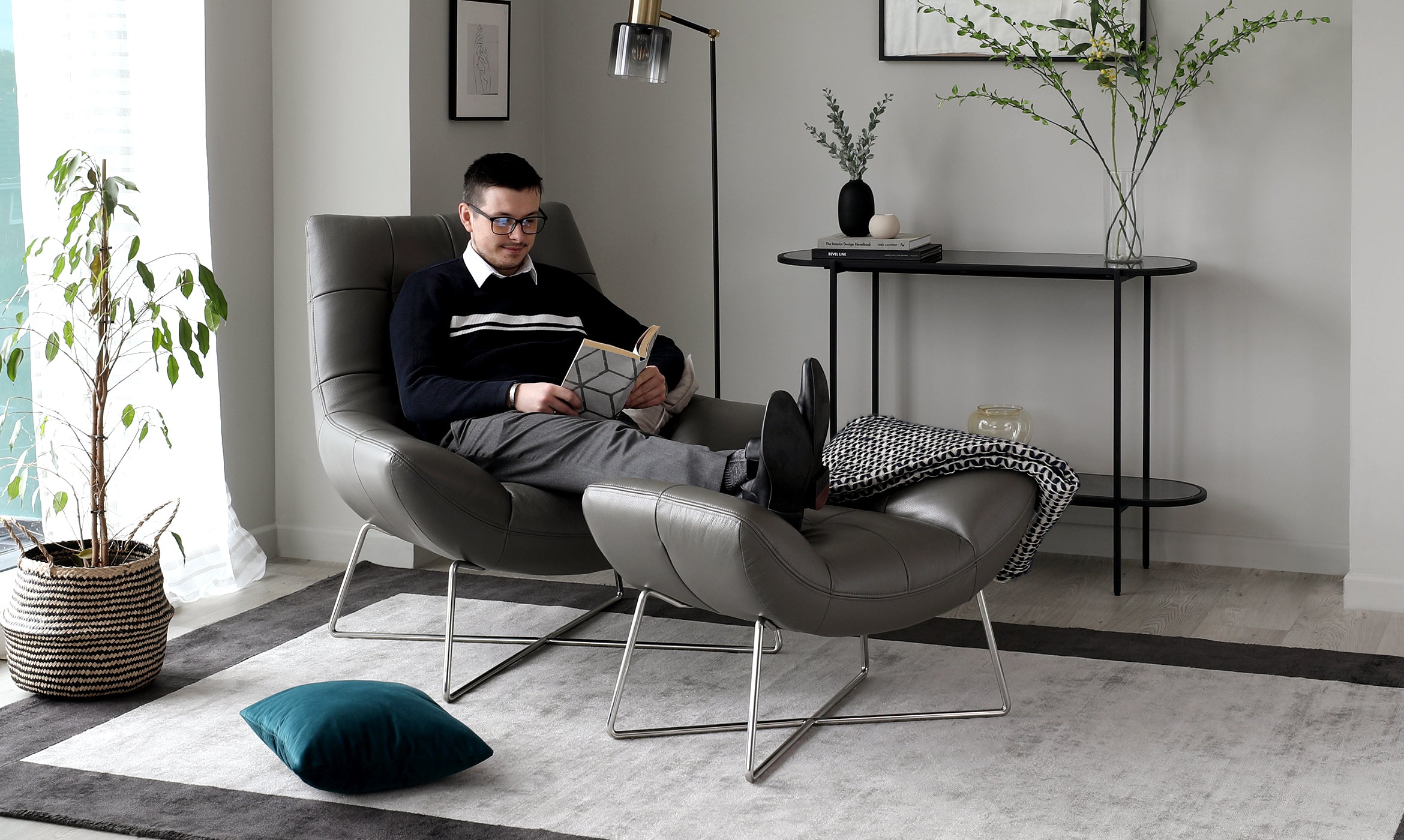 Canio Dark Grey Leather And Brushed Steel Accent Chair