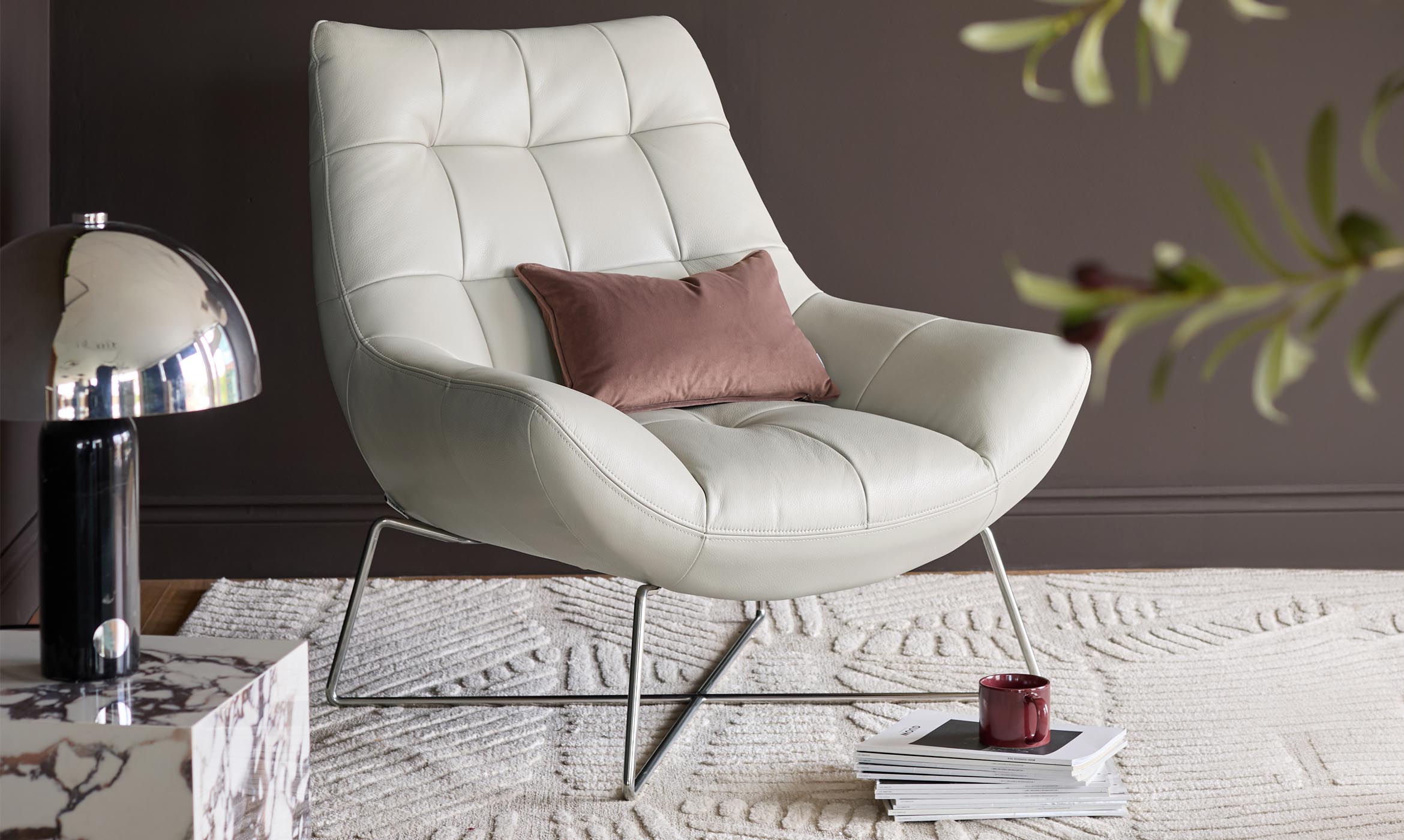 Canio Natural Grey Leather And Brushed Steel Accent Chair
