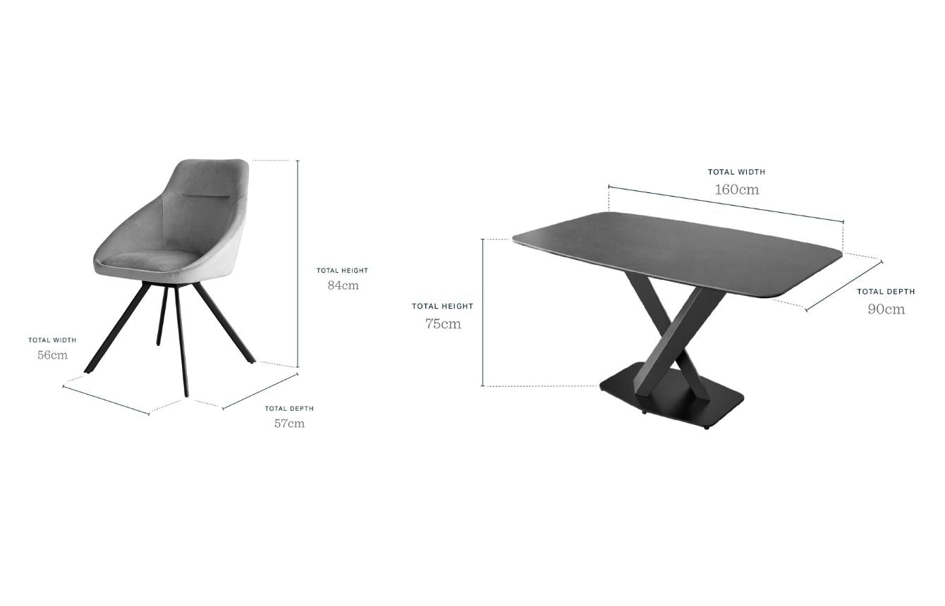 Carter 6 Seater Dark Grey Ceramic Dining Table with 6 Cleo Swivel Dark Grey Leather II Dining Chairs