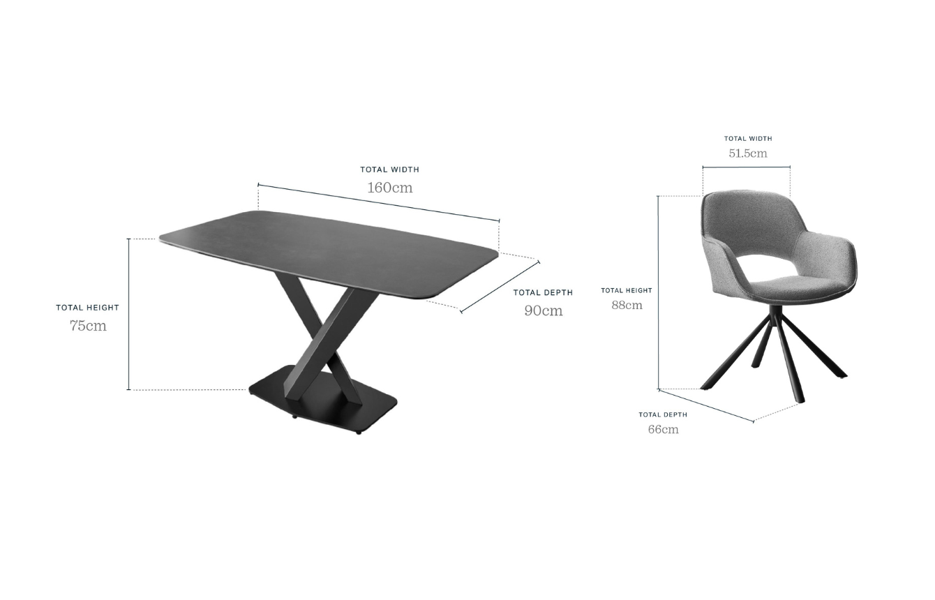 Carter dark grey ceramic 6 seater table and 6 Marlow dining chairs set