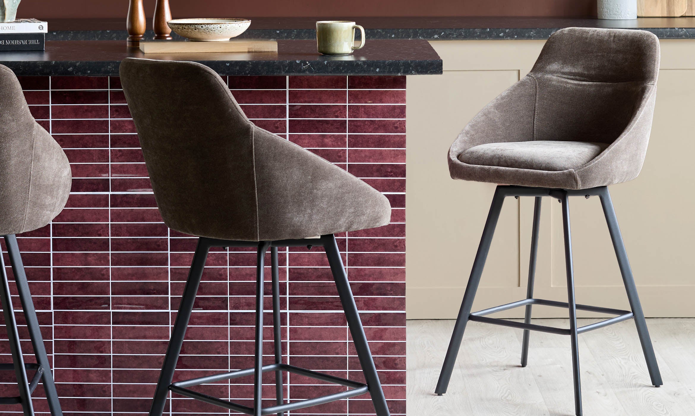 Cleo mocha fabric swivel bar stool