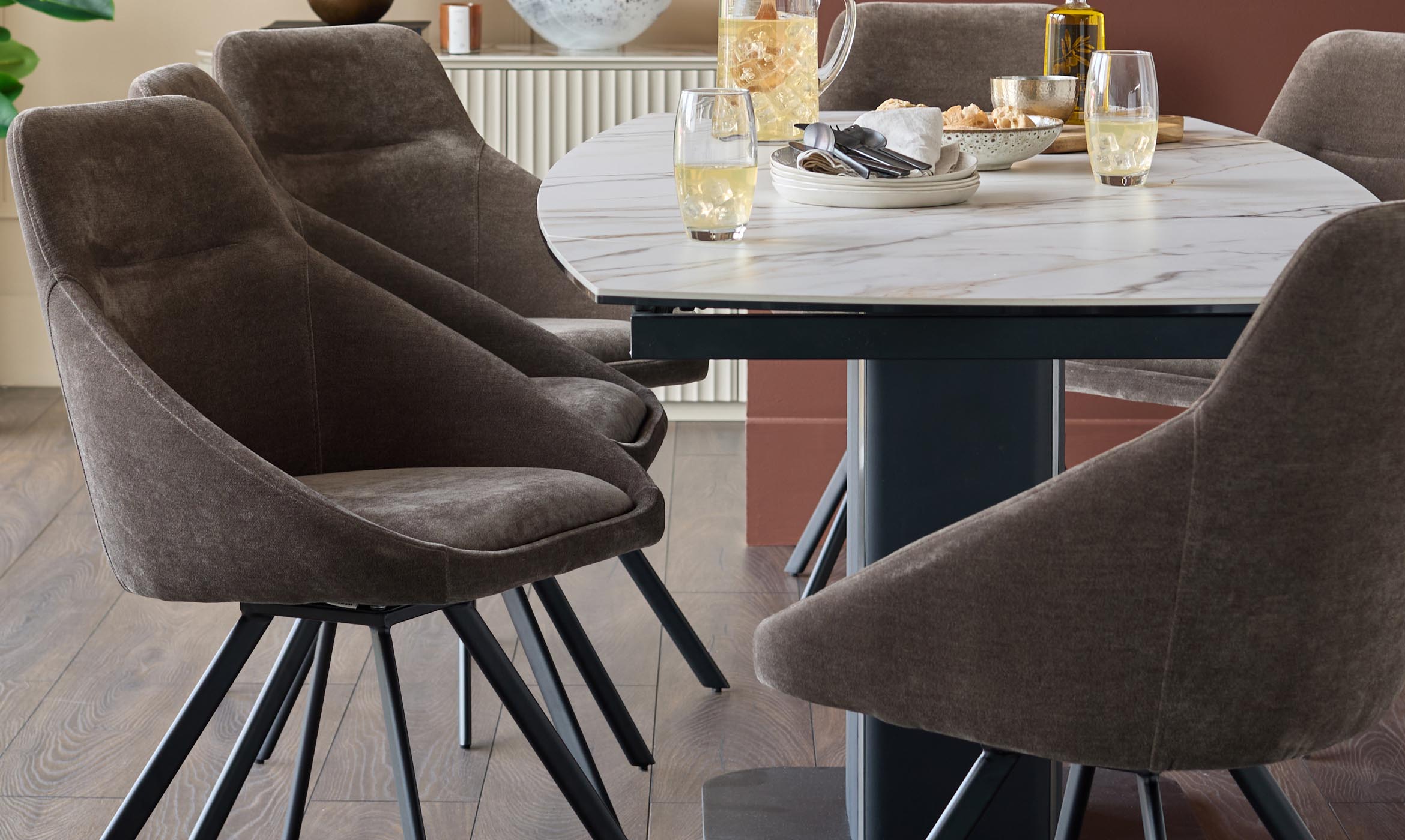 Cleo mocha fabric swivel dining chair