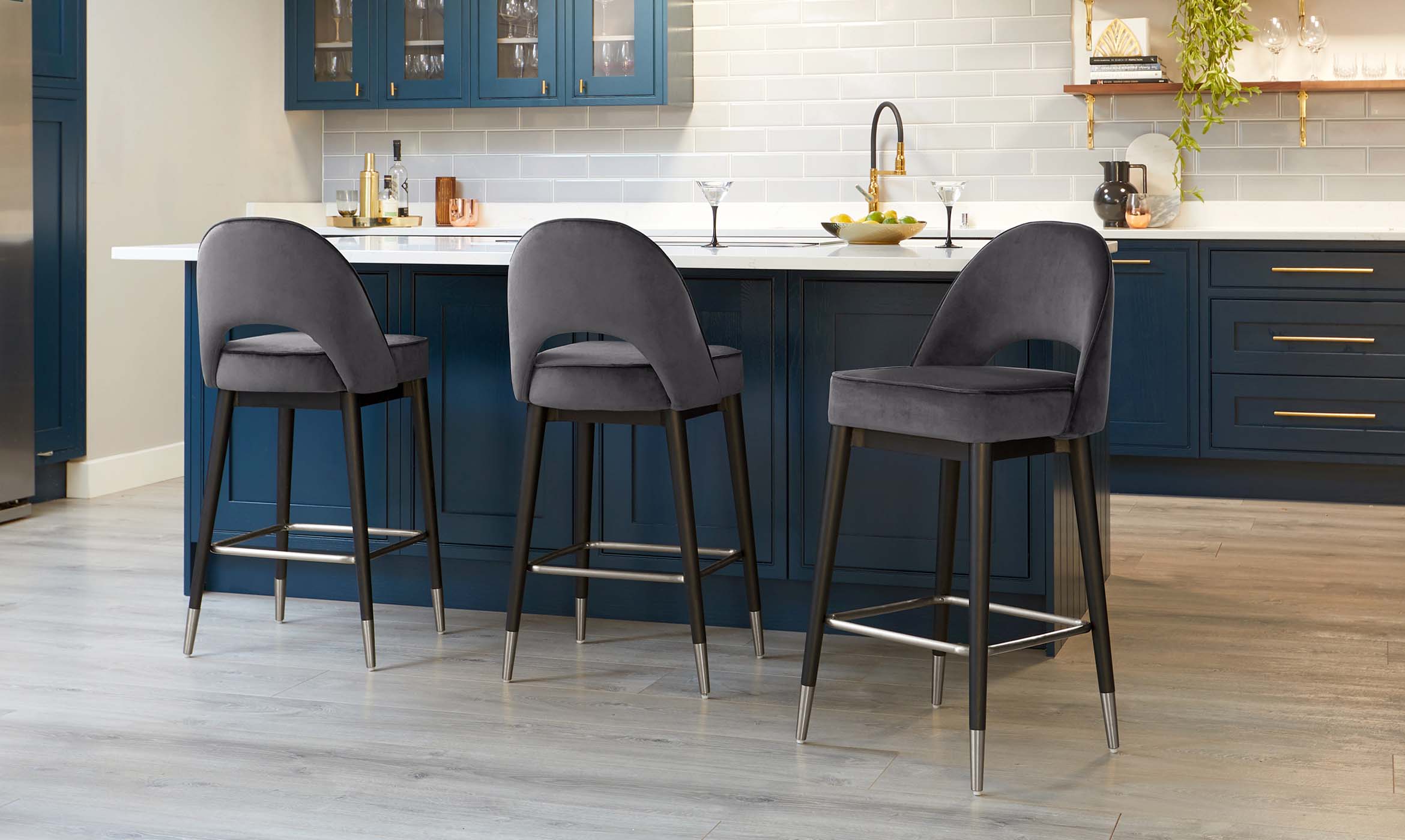 Clover Dark Grey Velvet Bar Stool With Stainless Steel Caps