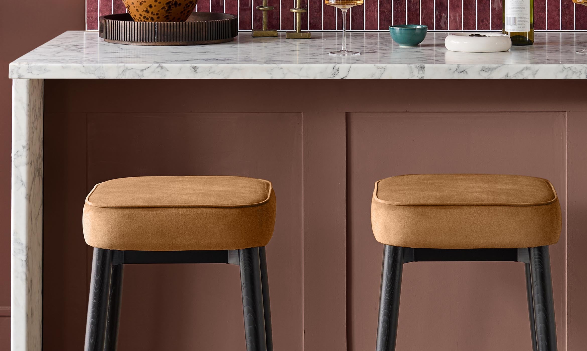 Clover caramel fabric backless brushed bronze bar stool