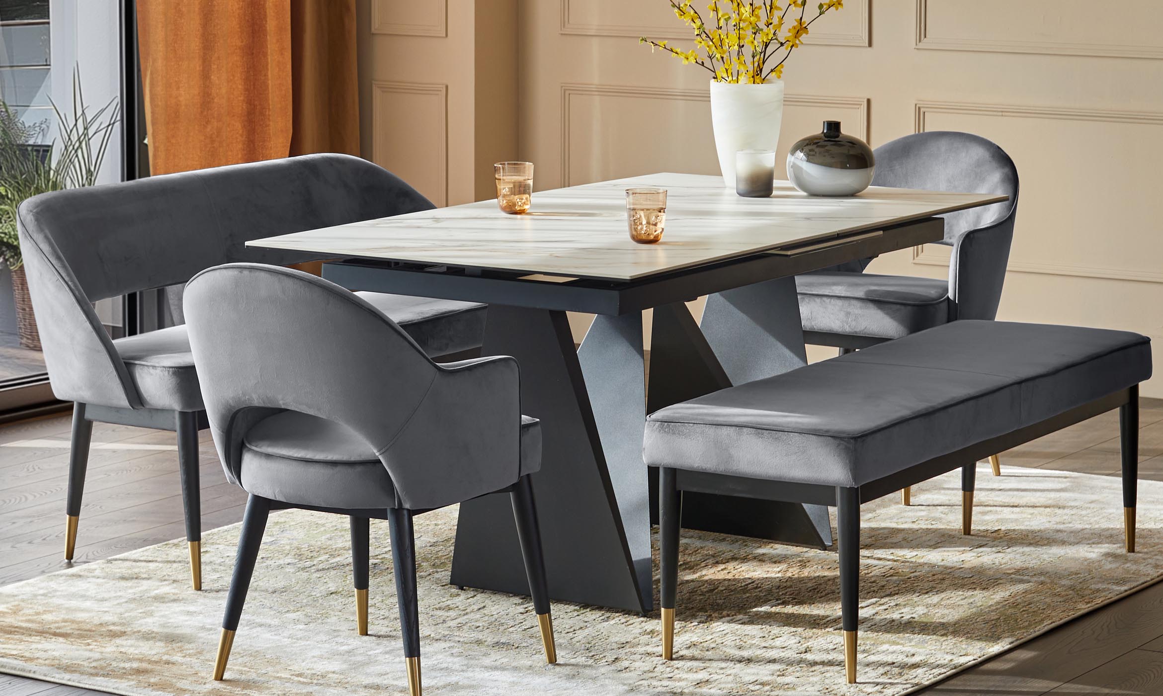 Clover Dark Grey Velvet & Brass Dining Armchair