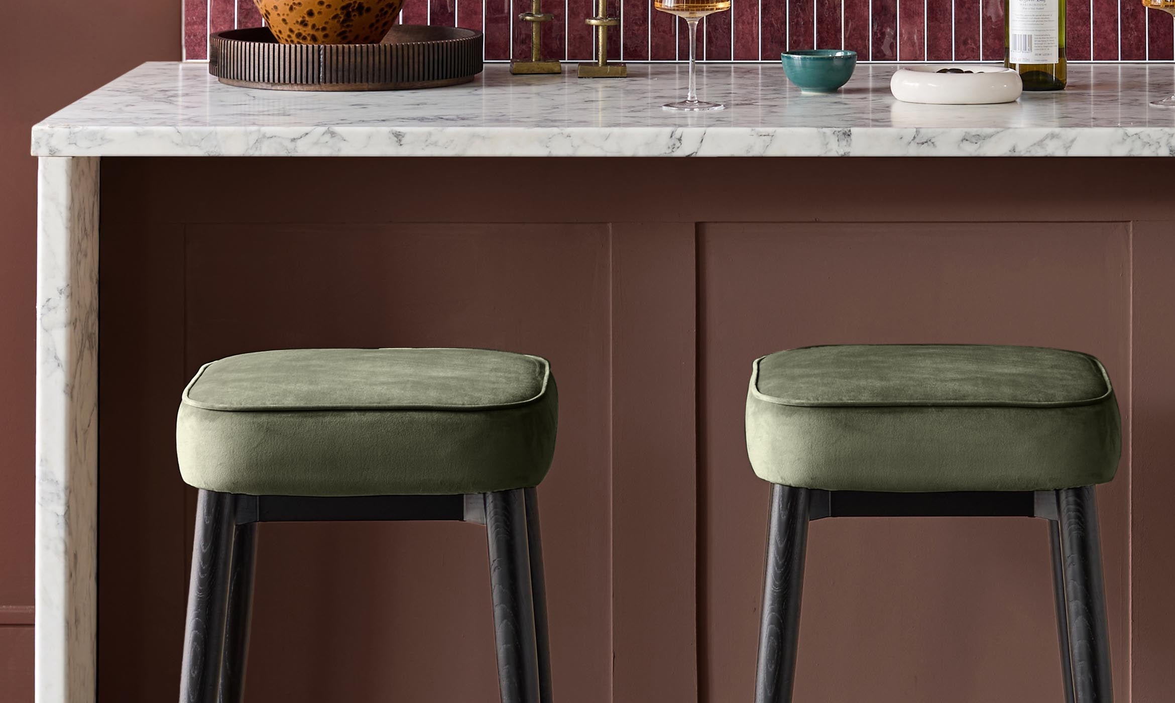Clover olive green velvet backless brushed bronze bar stool