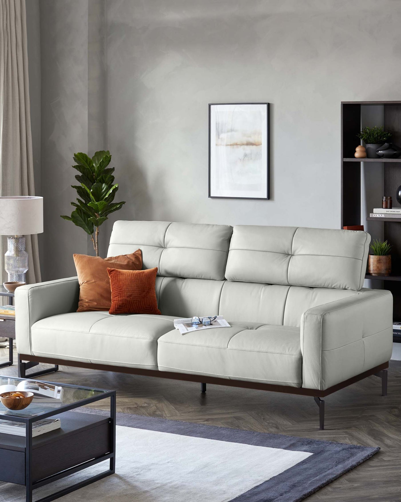 Colton Natural Grey Leather 3 Seater Sofa
