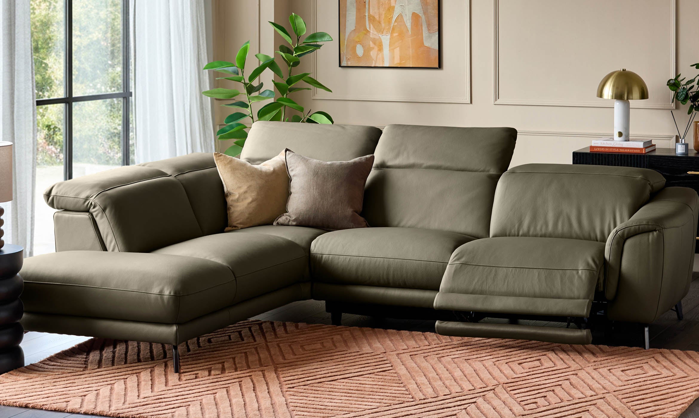 Connor olive green leather left hand corner sofa