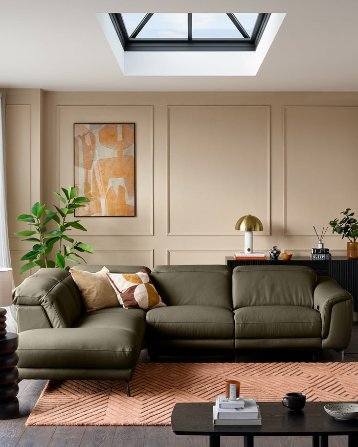 Connor olive green leather left hand corner sofa