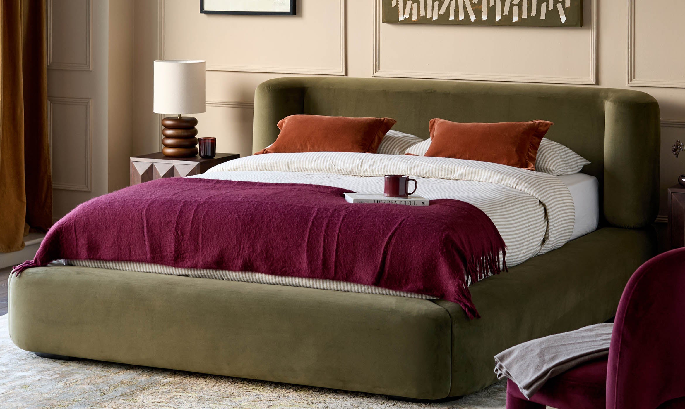 Darla olive green velvet king size ottoman bed