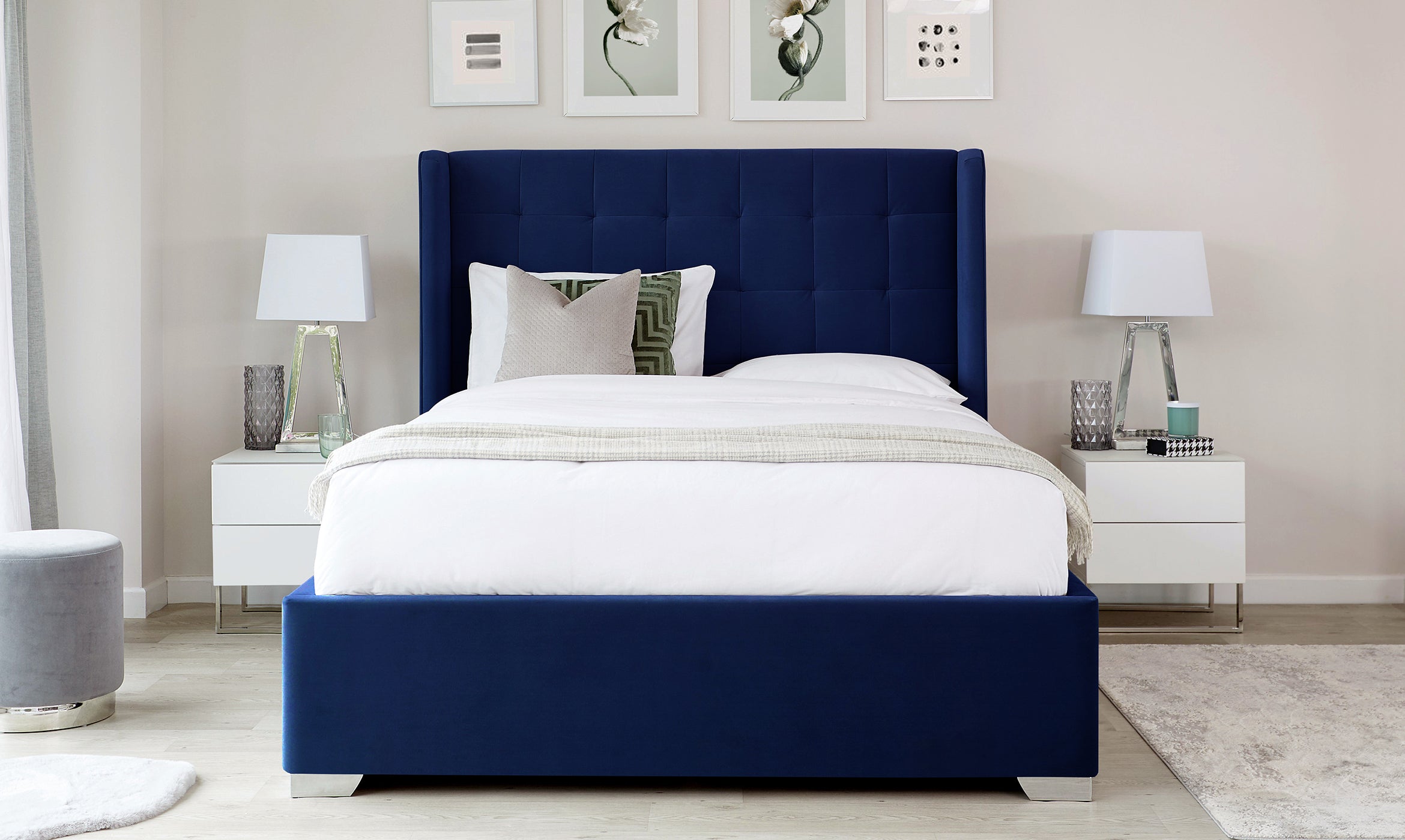 Dexter Navy Blue Velvet Super King Size Ottoman Storage Bed