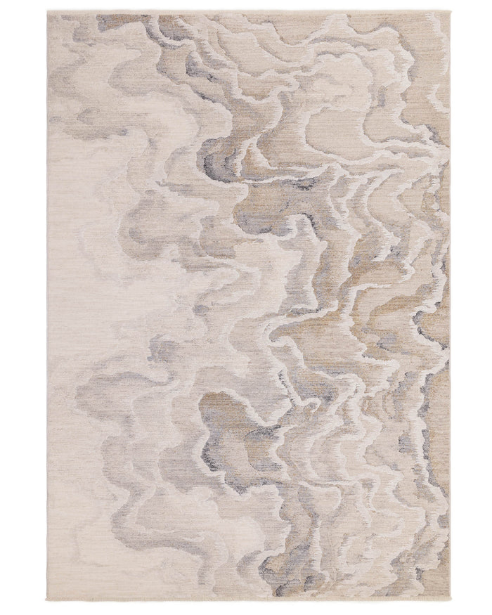 A neutral-toned rug with an abstract, cloud-like pattern, ideal for adding subtle texture to a living space.