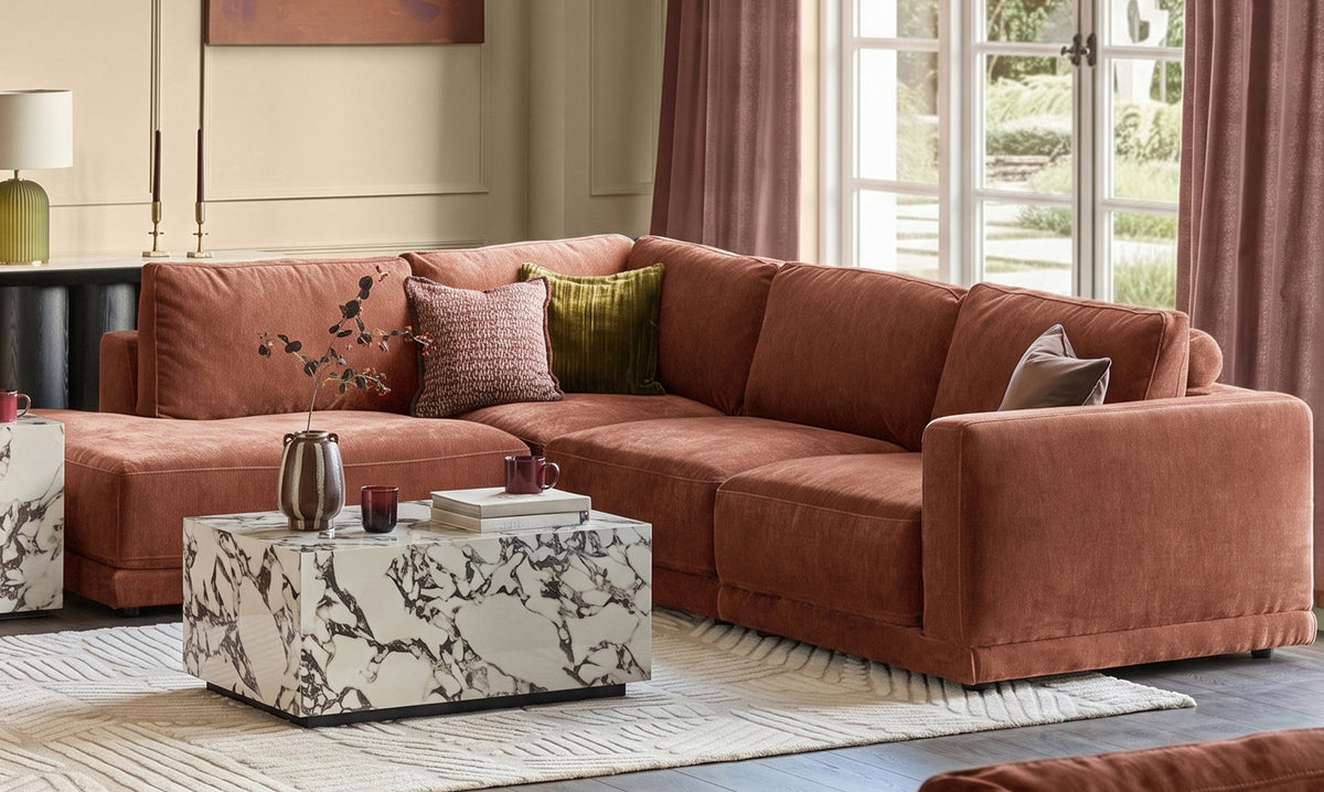 Eden apricot chenille left hand large corner chaise sofa