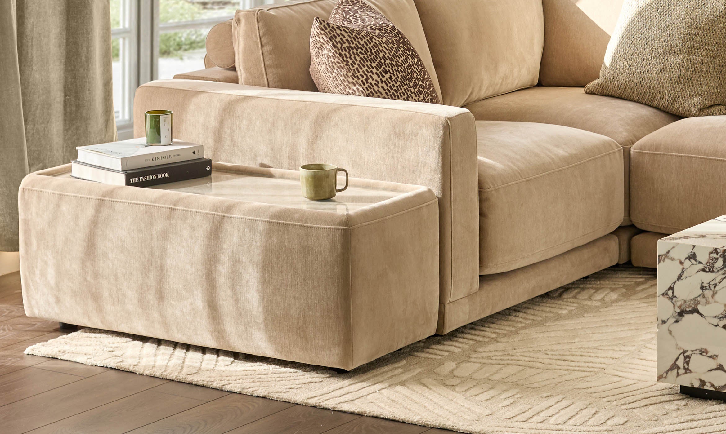 Eden champagne chenille and glass top side table