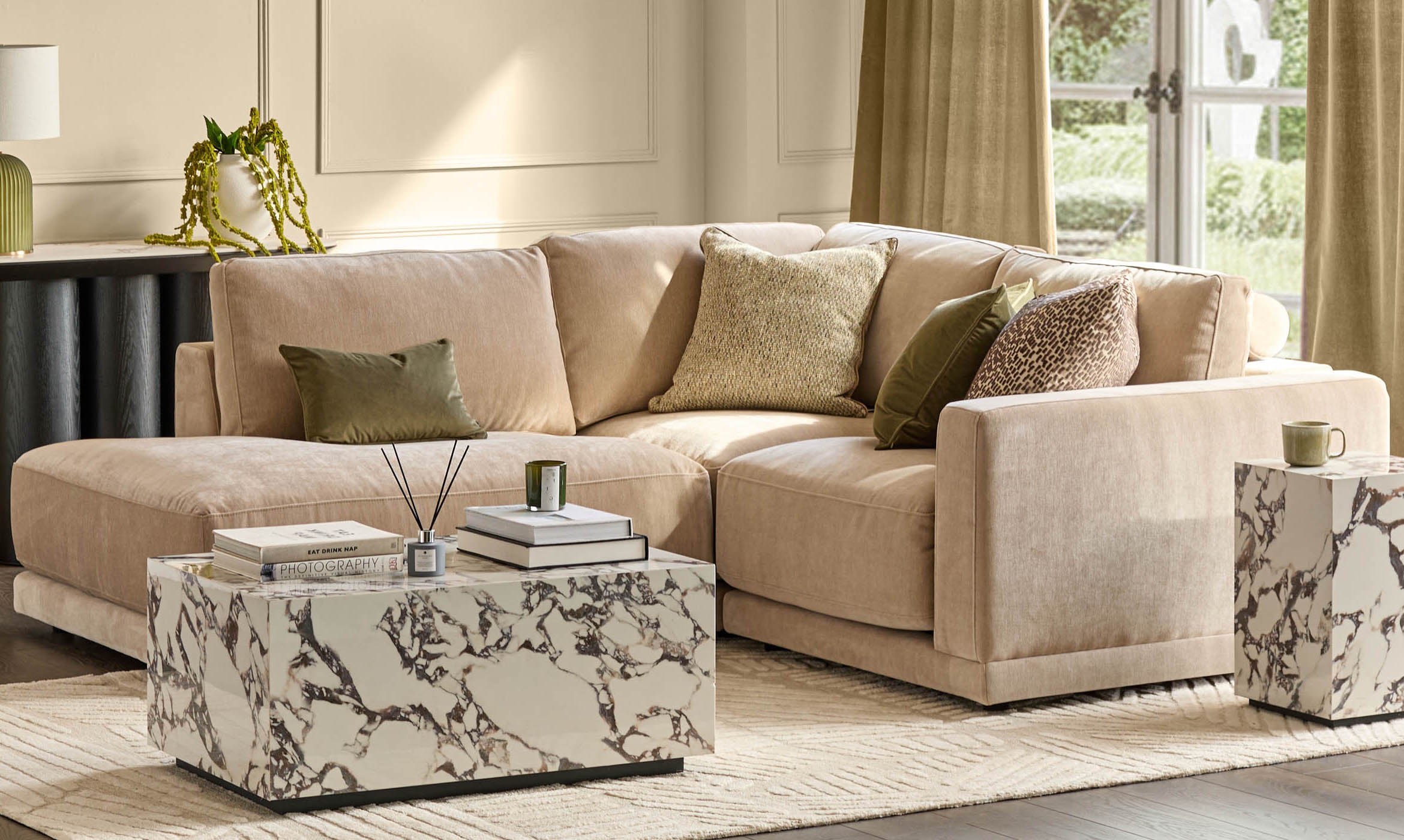 Eden champagne chenille left hand small chaise sofa