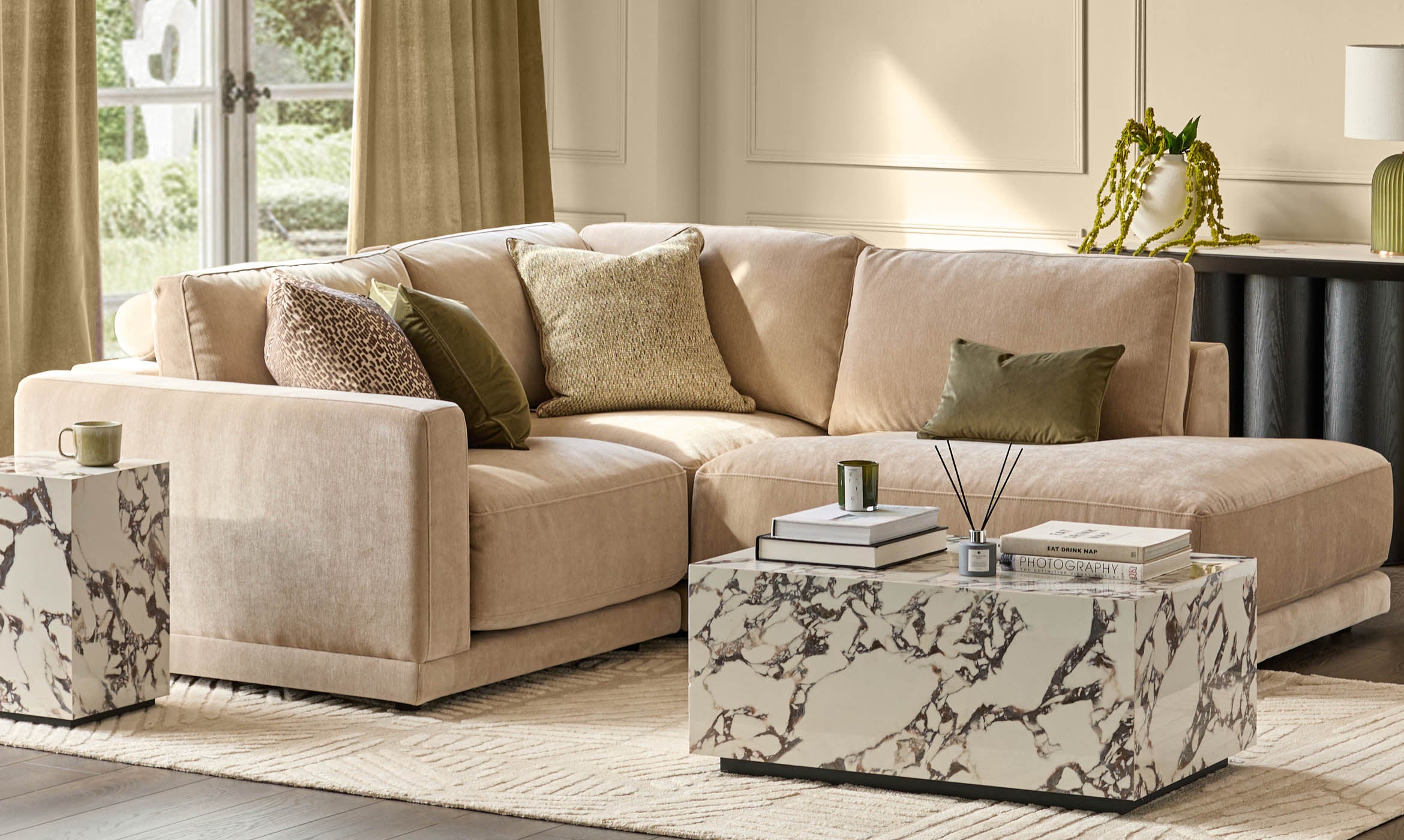 Eden champagne chenille right hand small corner chaise sofa