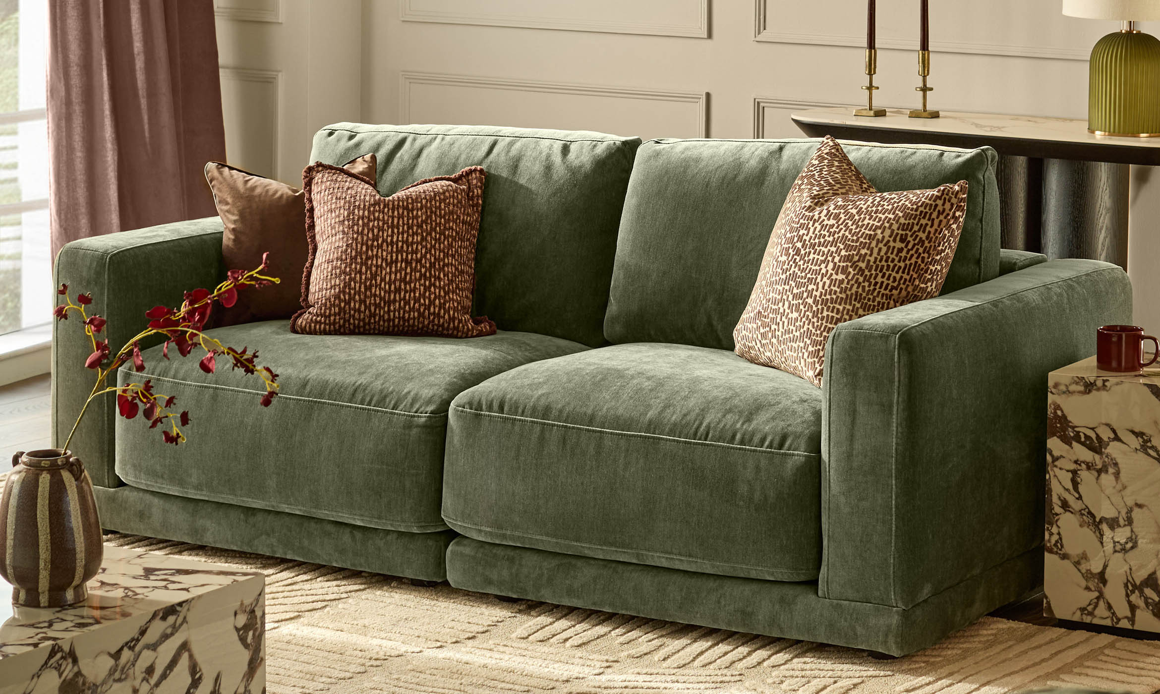 Eden dark green chenille 2 seater sofa