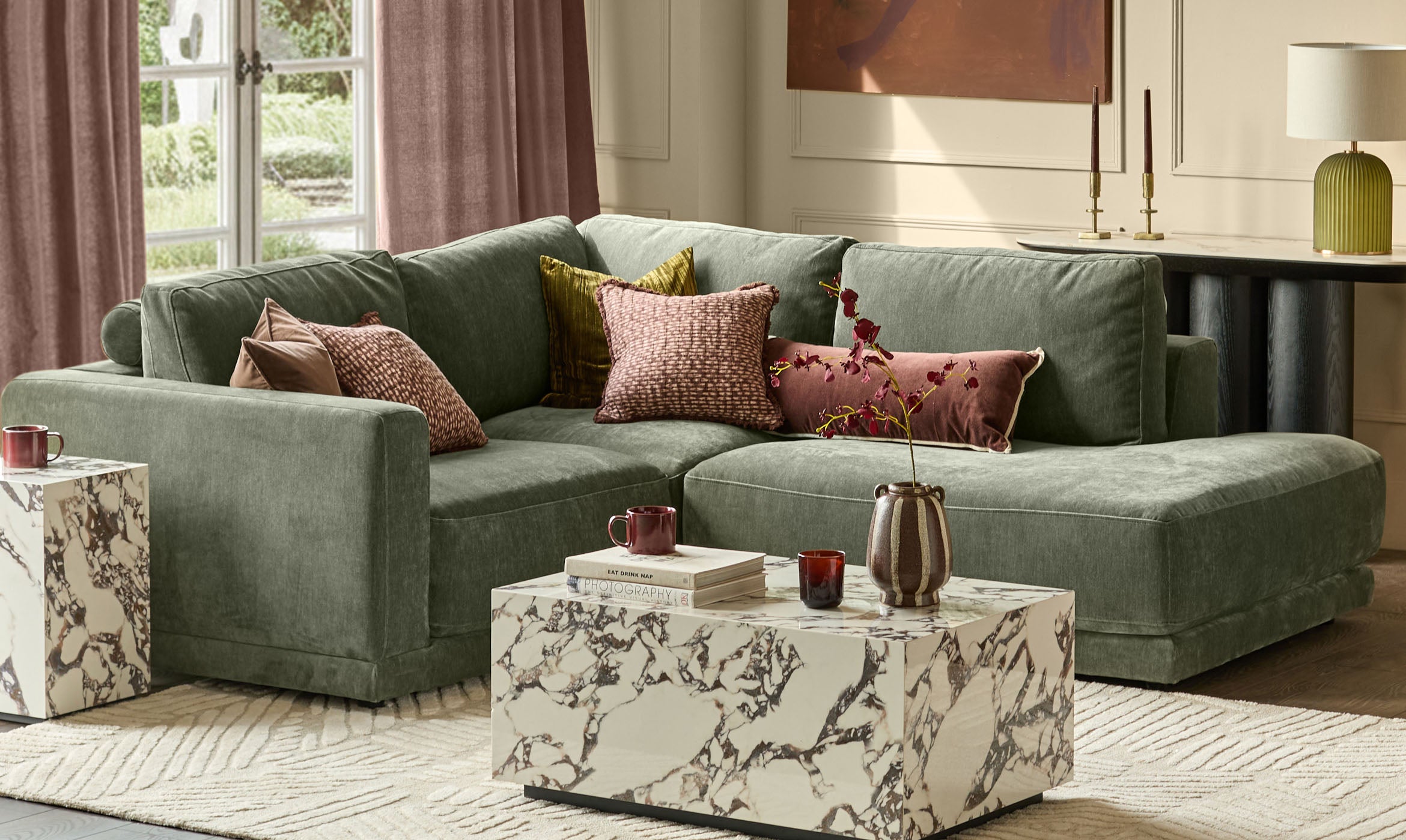 Eden dark green chenille right hand small corner chaise sofa
