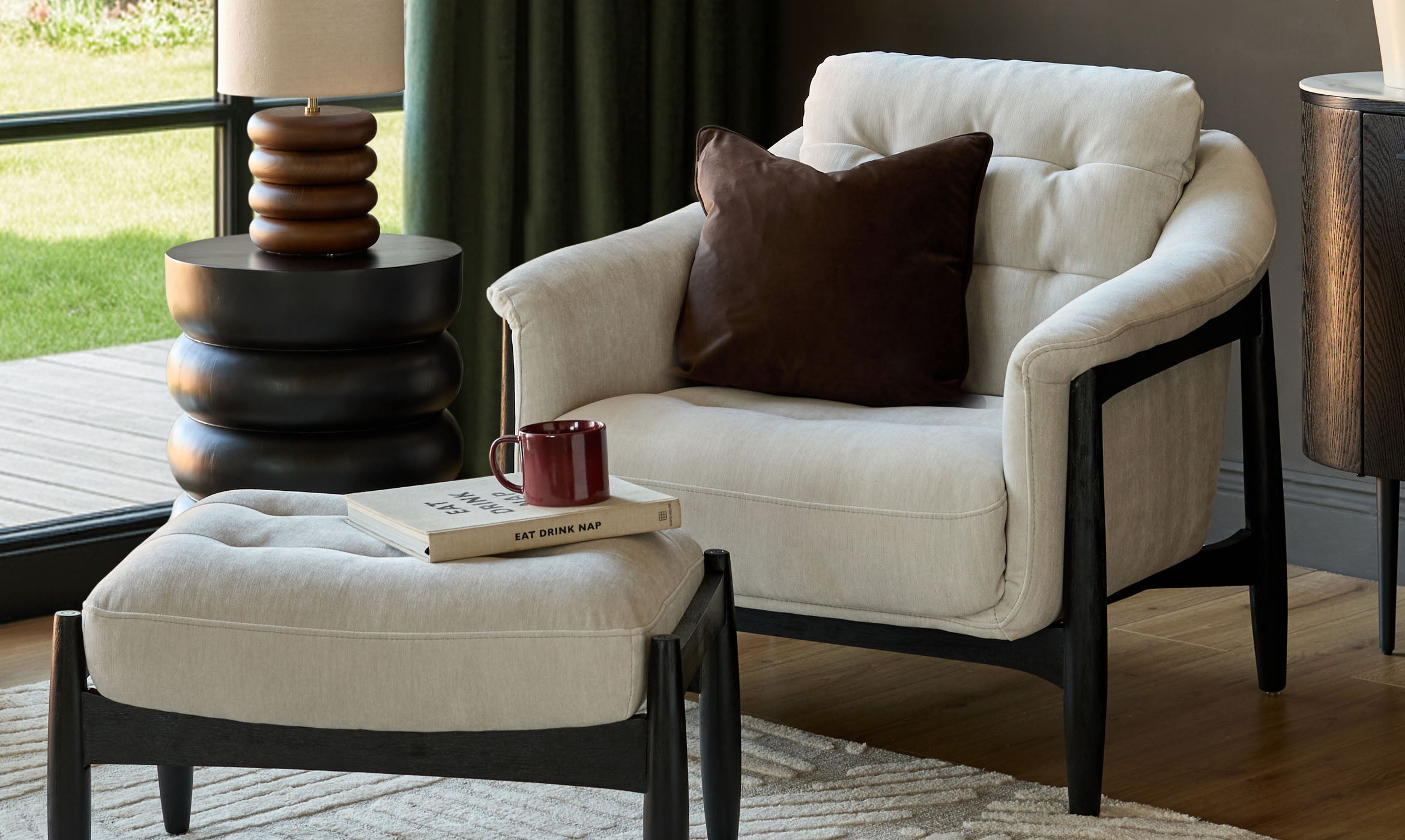 Ember natural grey fabric occasional chair with footstool