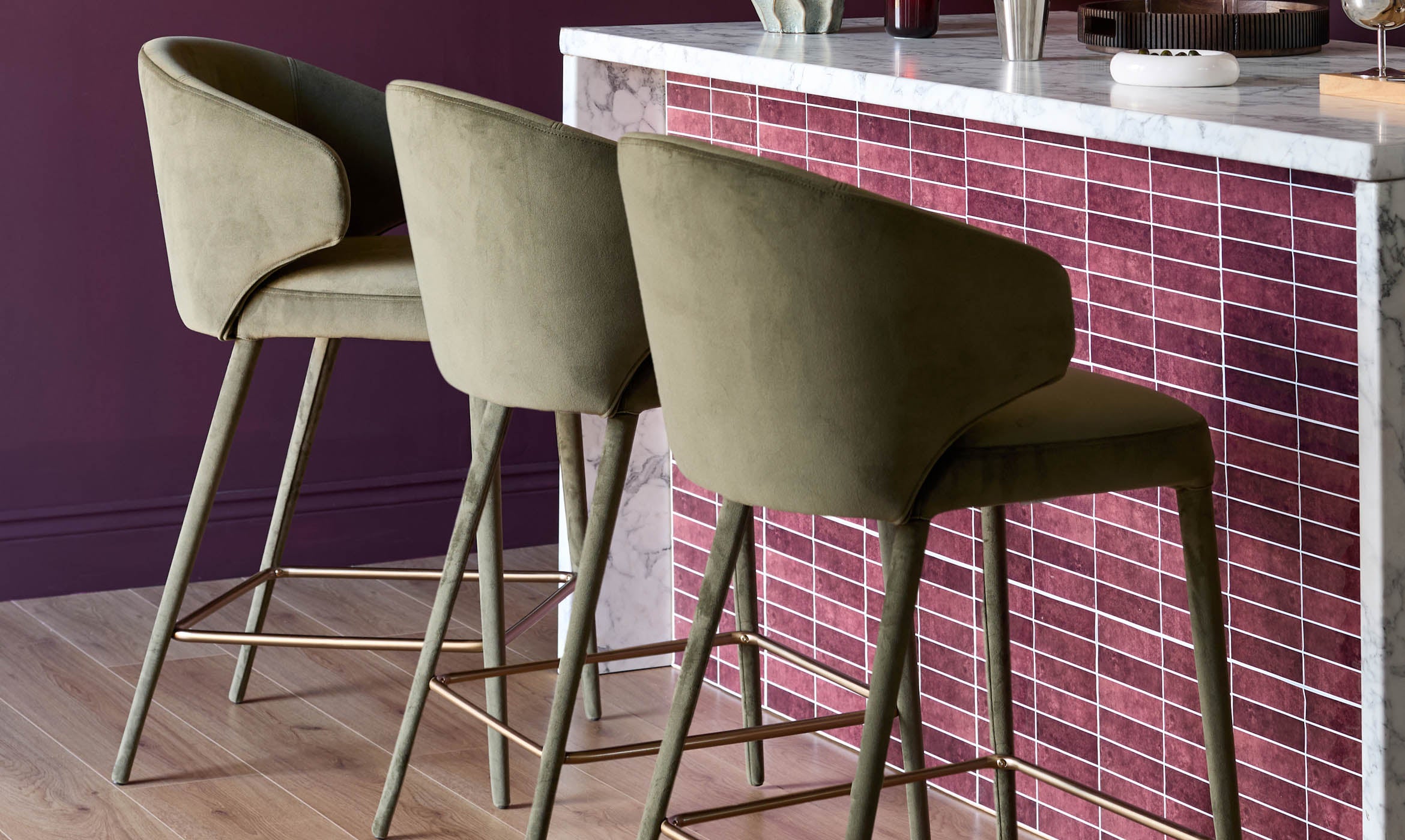 Ethan olive green velvet brushed bronze bar stool
