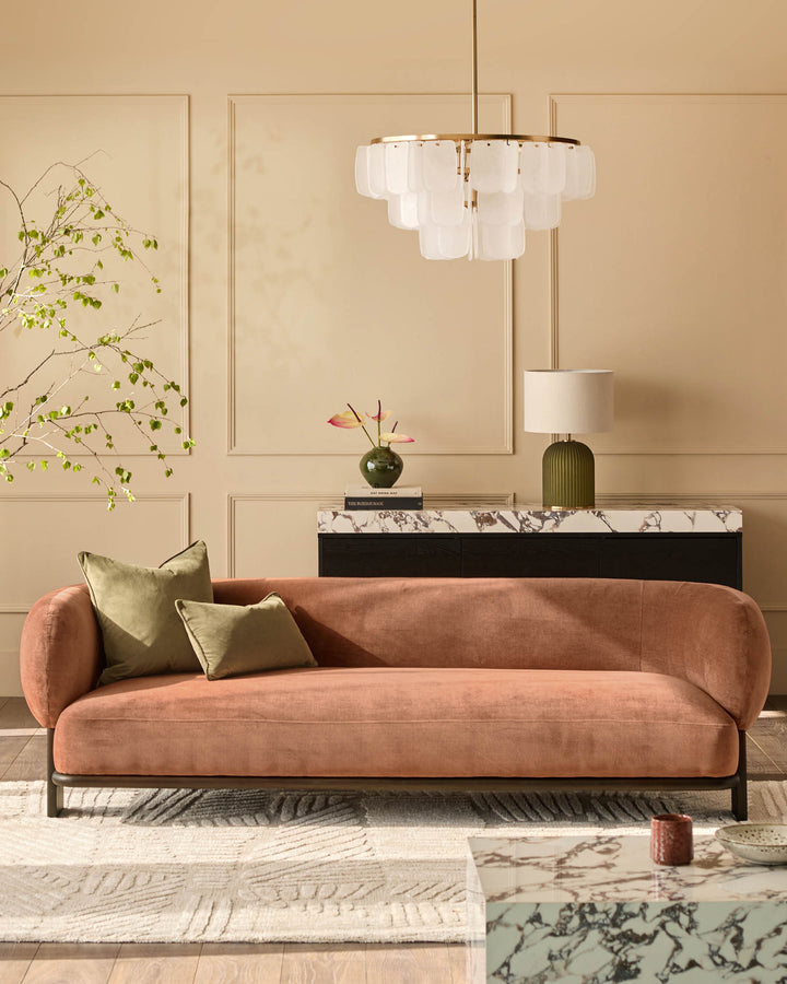 Florence 3-seater sofa in apricot weave fabric with dark wood frame, displayed in a modern living room setting.