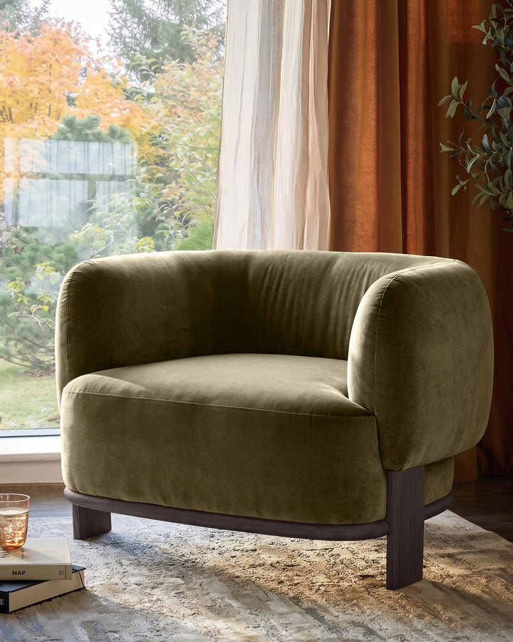 Florence olive green chenille dark wood armchair