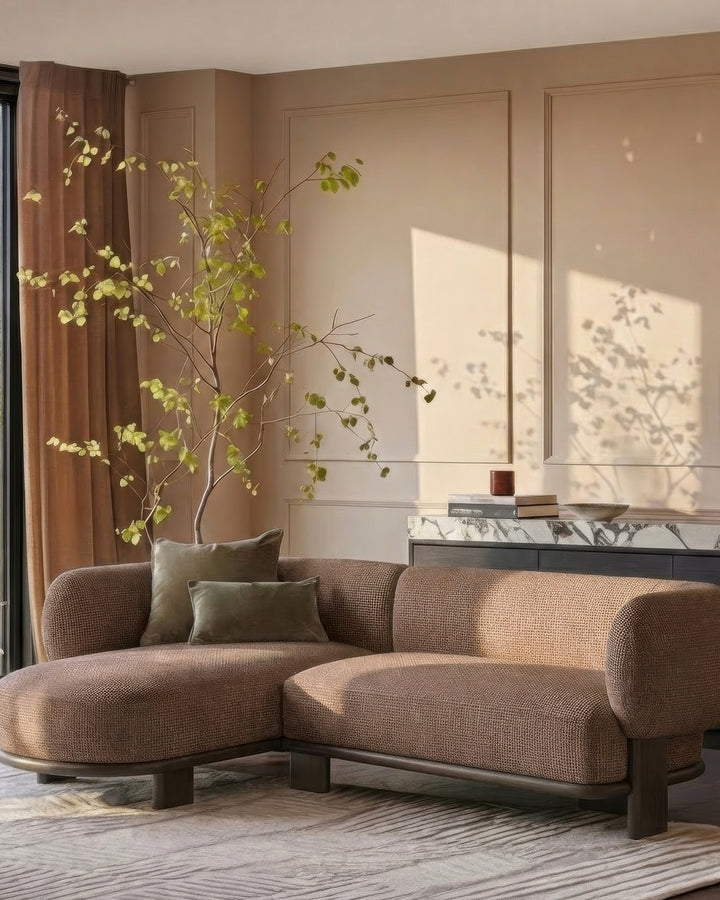 Florence left-hand facing chaise sofa in mocha fabric with dark wood legs, displayed in a modern living room setting.