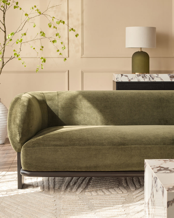 Florence 3-seater sofa in olive green weave fabric with dark wood frame, shown in a styled living room setting.