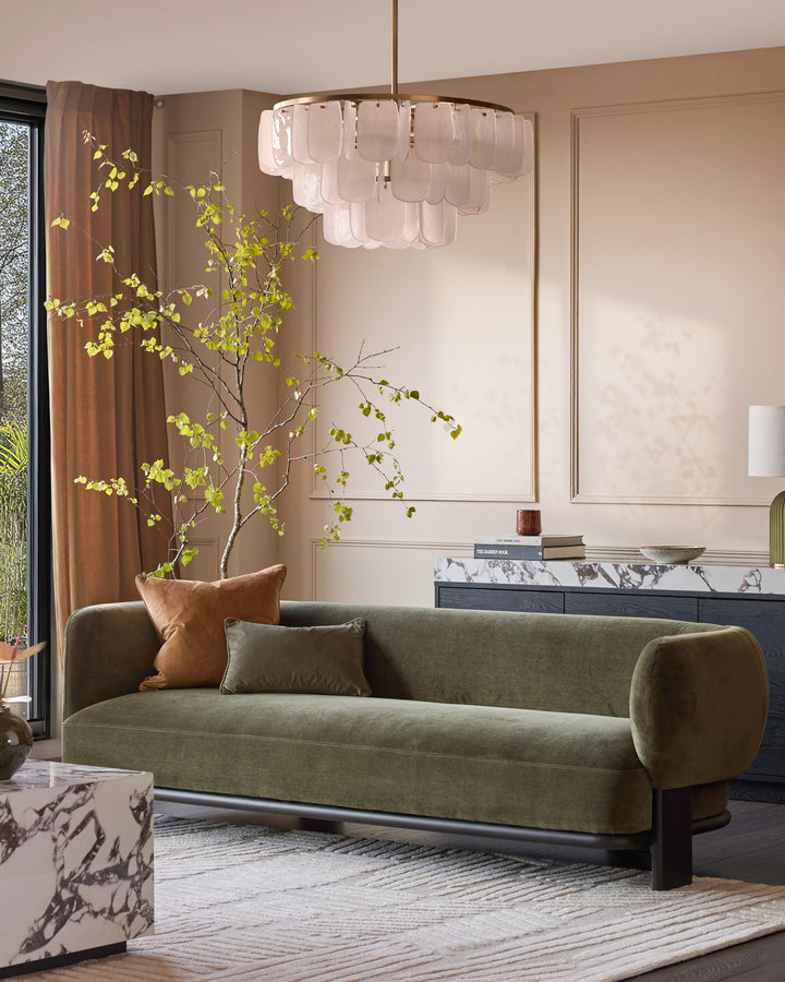 Florence 3-seater sofa in olive green weave fabric with dark wood legs, displayed in a modern living room setting.