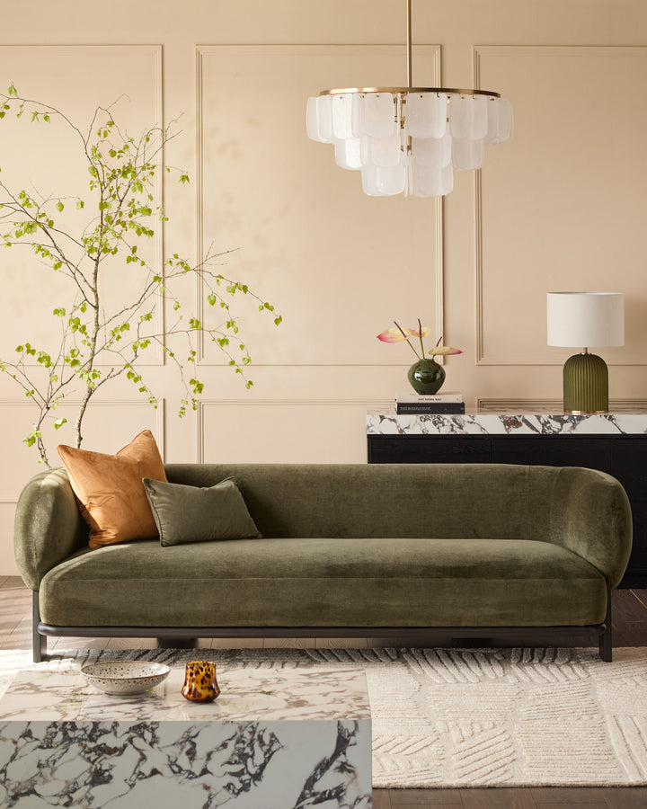 Florence 3-seater sofa in olive green weave fabric with dark wood base, curved arms, displayed in modern living room.